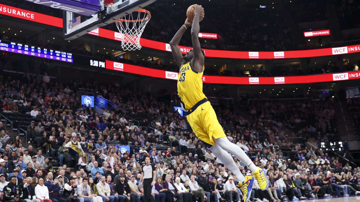 Indiana Pacers forward Pascal Siakam goes up to dunk against the Utah Jazz during the fourth quarter of an NBA basketball game, Monday, Feb. 3, 2025, in Salt Lake City.