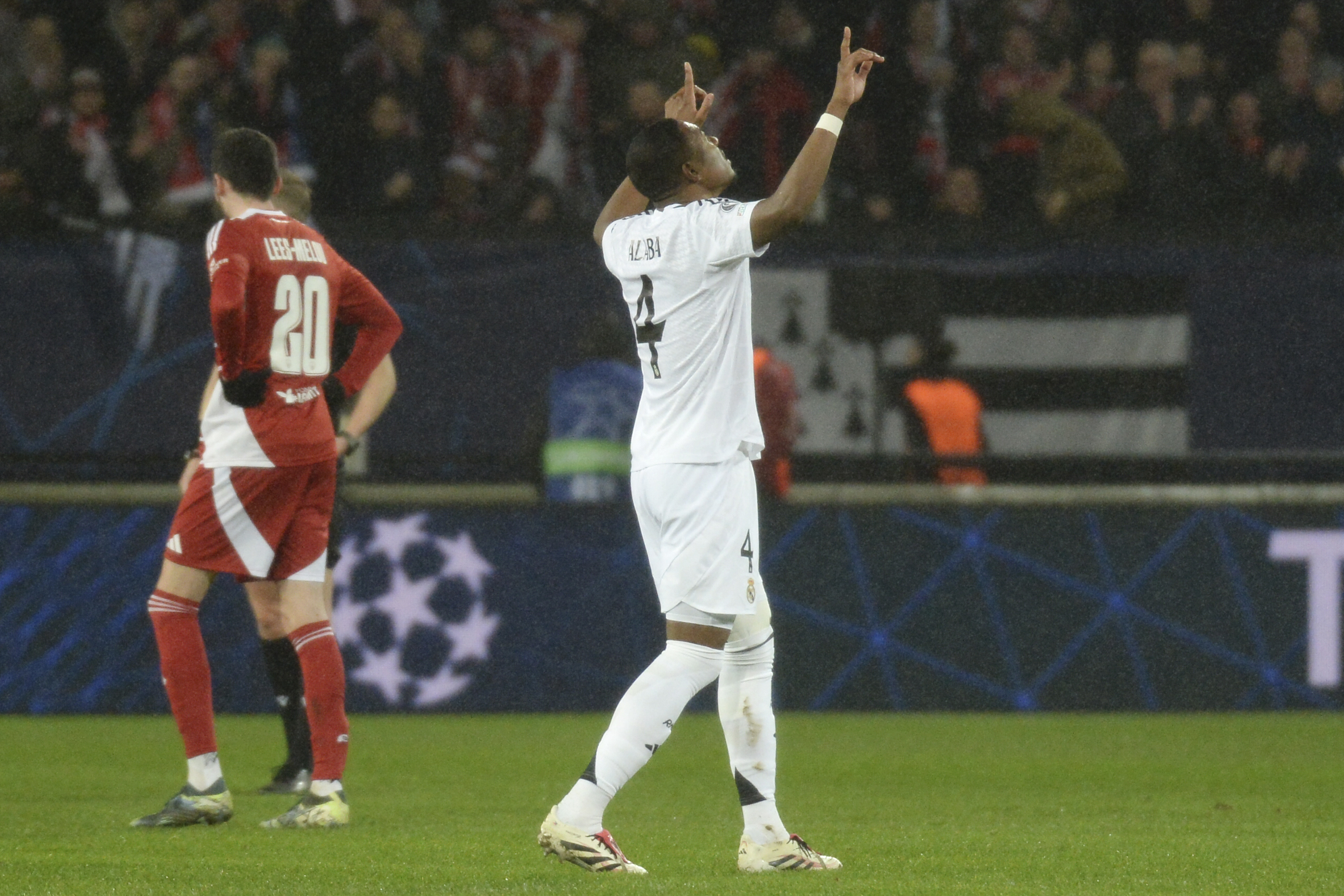 Real Madrid's David Alaba reacts after winning the Champions League opening phase soccer match between Brest and Real Madrid at Roudourou stadium in Guingamp, France, Wednesday, Jan. 29, 2025.