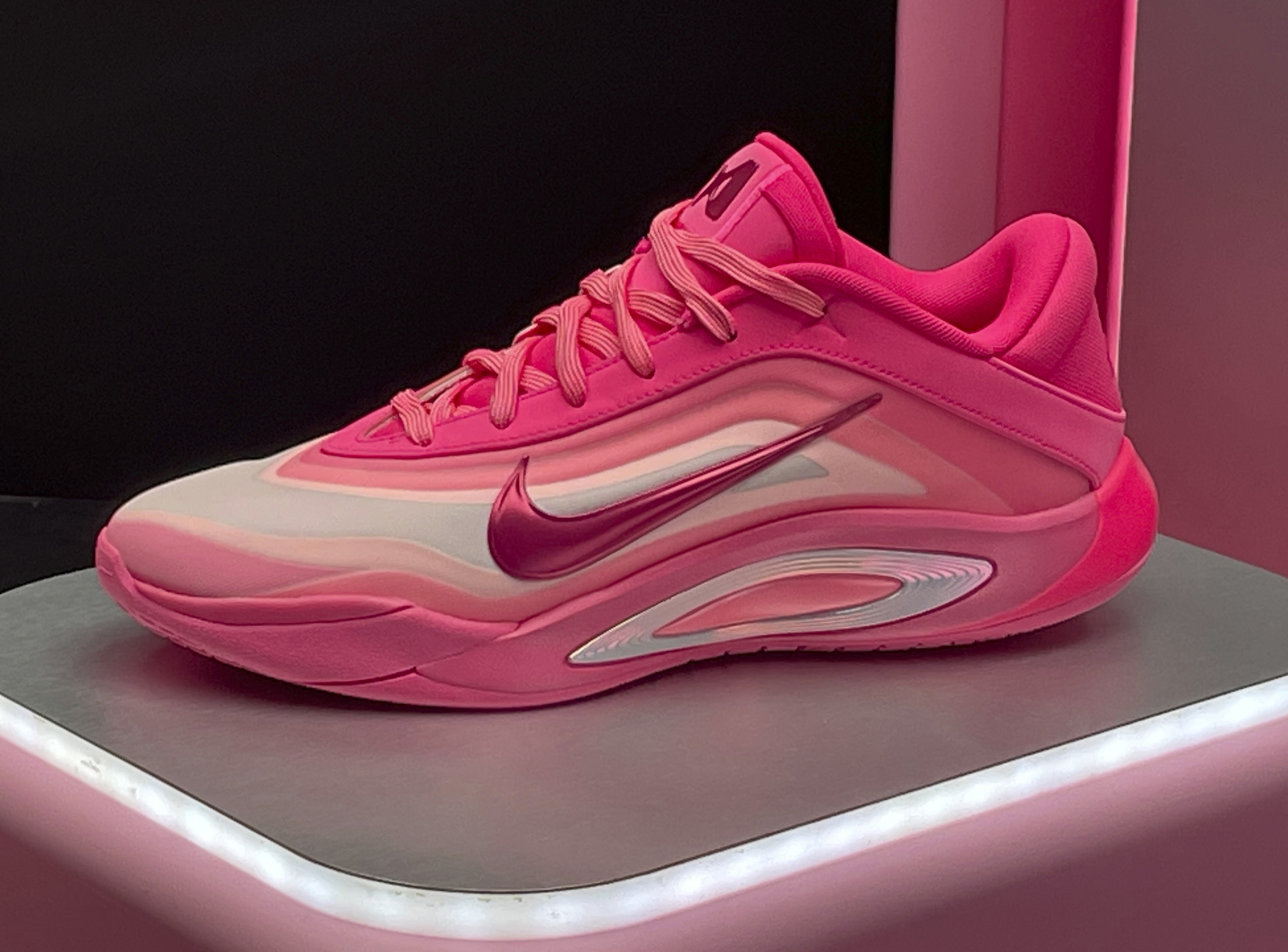 A Nike shoe, part of Las Vegas Aces WNBA basketball player A’ja Wilson's new signature shoe and athletic apparel collection, is displayed in Columbia, S.C., Monday, Feb. 3, 2025. 