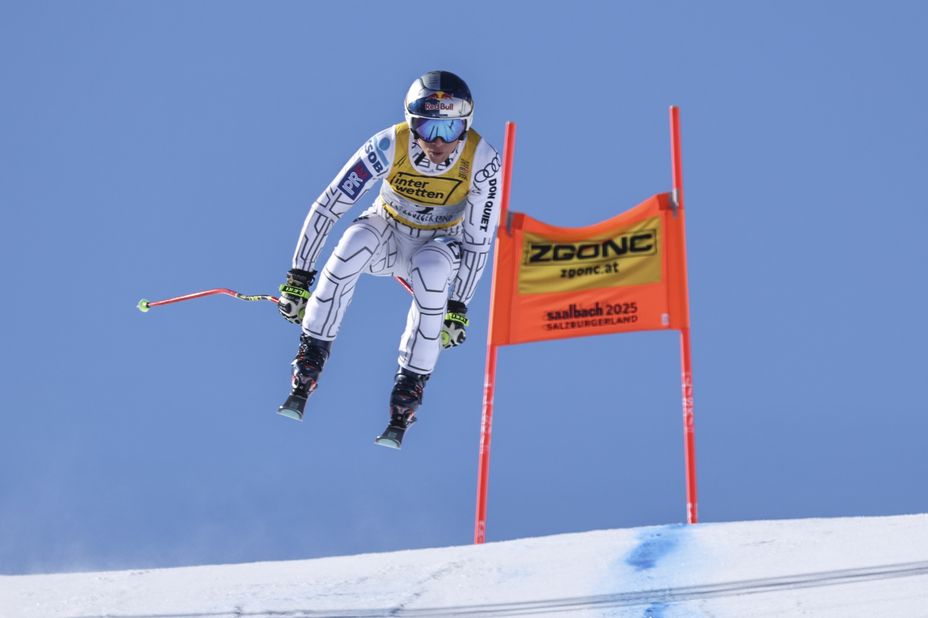 Czech Republic's Ester Ledecka speeds down the course during an alpine ski, women's World Championship downhill training, in Saalbach-Hinterglemm, Austria, Tuesday, Feb. 4, 2025.