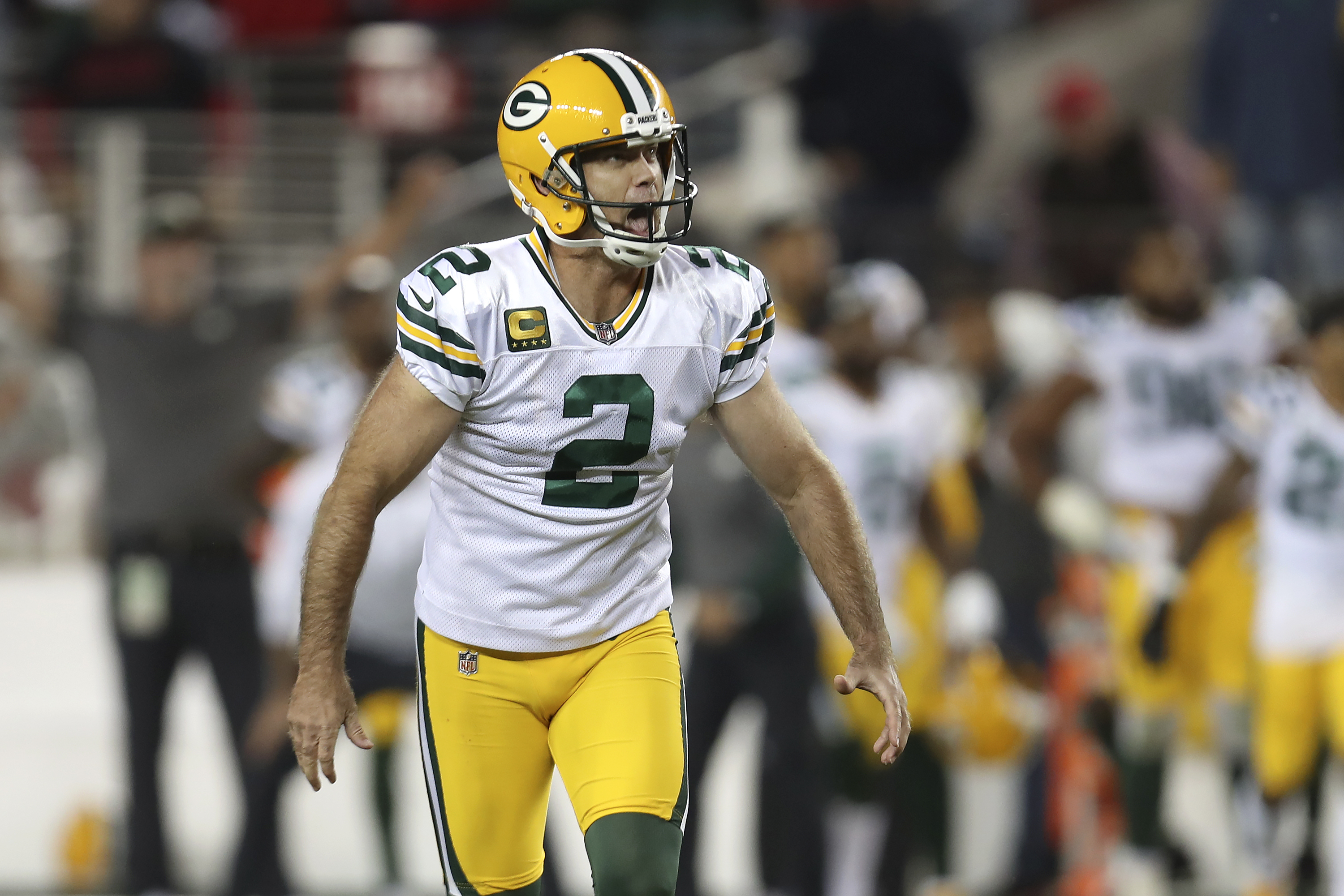FILE - Green Bay Packers kicker Mason Crosby celebrates after kicking the game winning field goal during the second half of an NFL football game against the San Francisco 49ers in Santa Clara, Calif., on Sept. 26, 2021. Crosby announced his retirement from football Tuesday, Feb. 4, 2025.