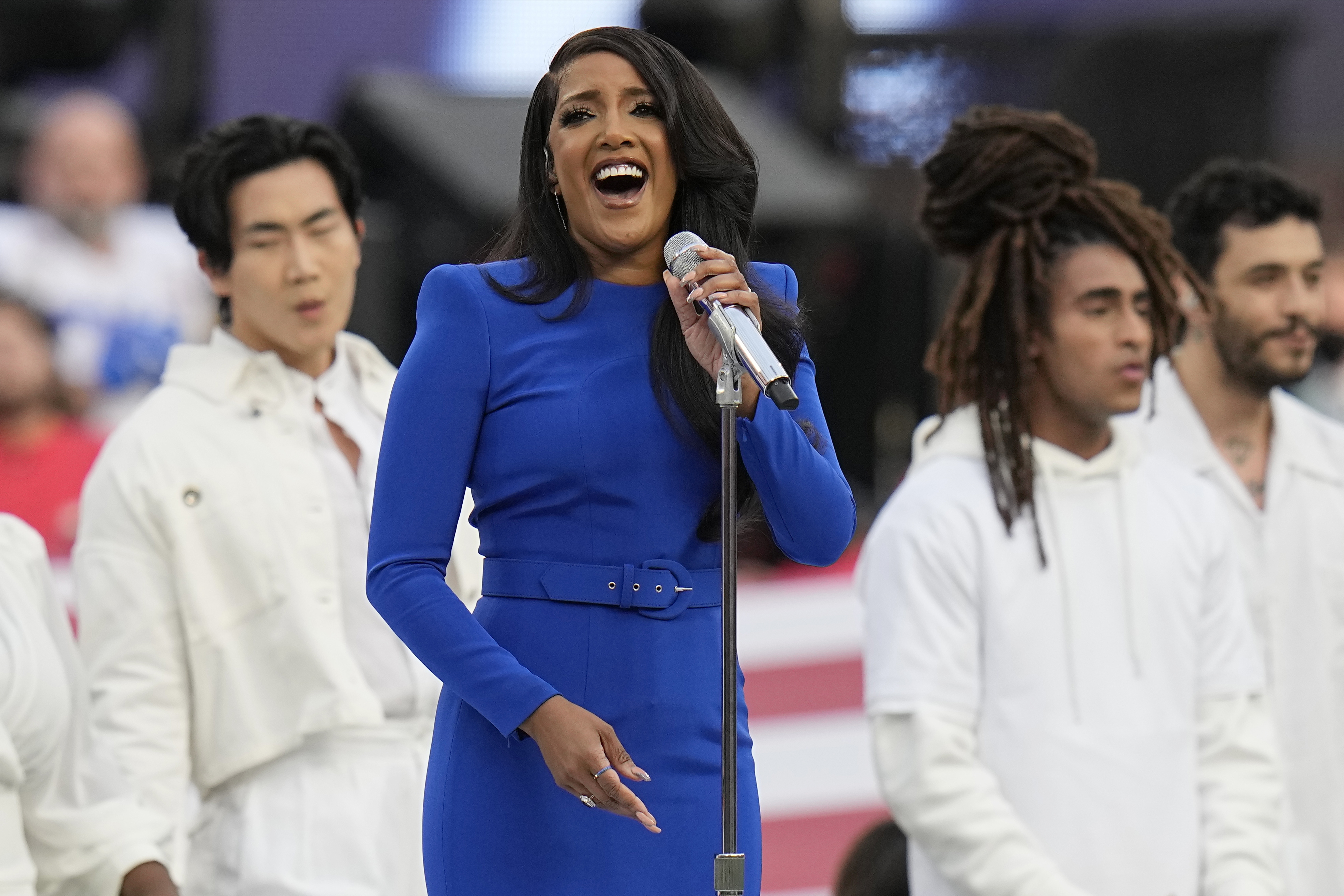 FILE - Country music artist Mickey Guyton performs the national anthem before the NFL Super Bowl 56 football game between the Los Angeles Rams and the Cincinnati Bengals in Inglewood, Calif., on Feb. 13, 2022. 