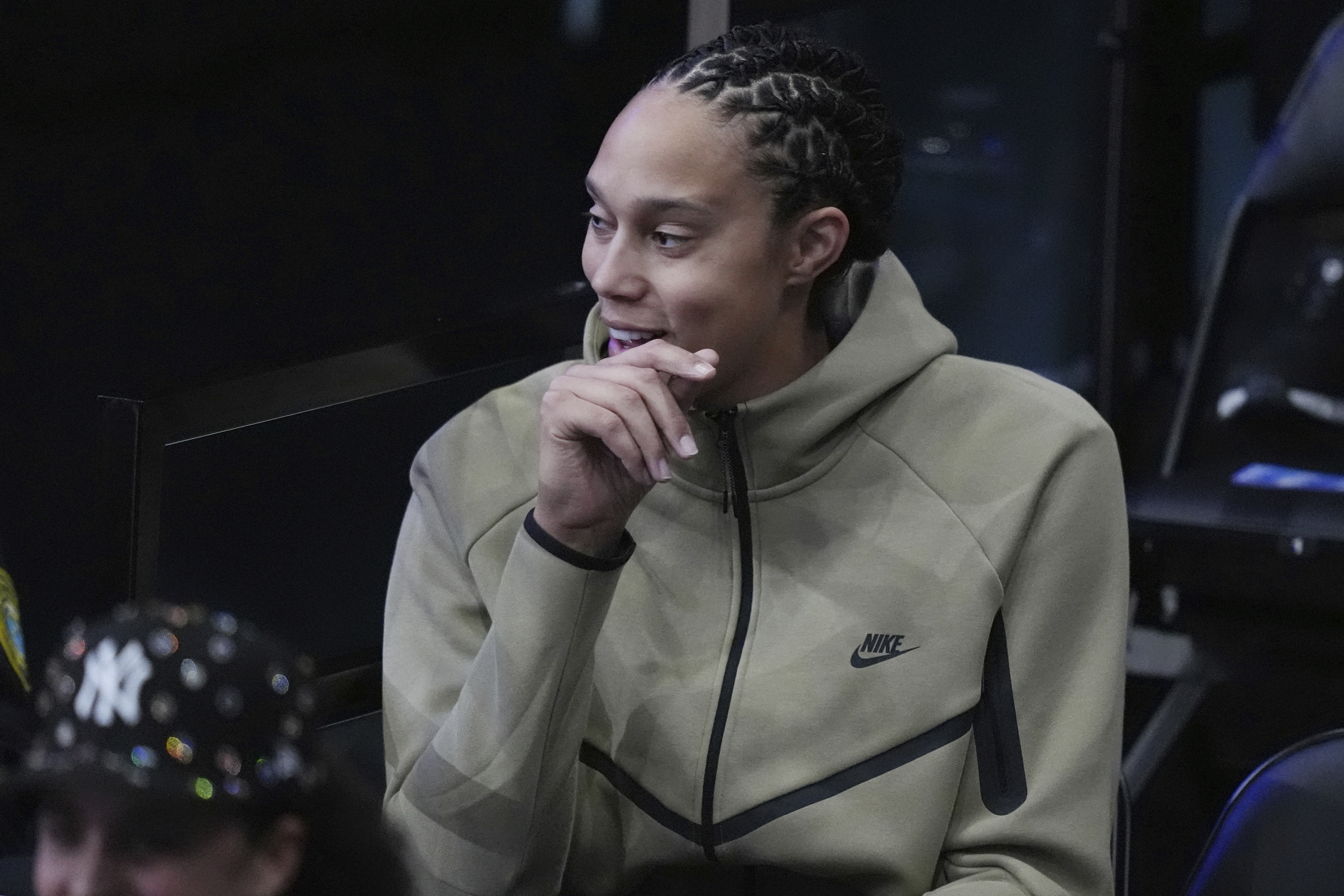 WNBA player Brittney Griner watches the second half of the inaugura Unrivaled 3-on-3 basketball game between the Lunar Owls and the Mist, Friday, Jan. 17, 2025, in Medley, Fla. 