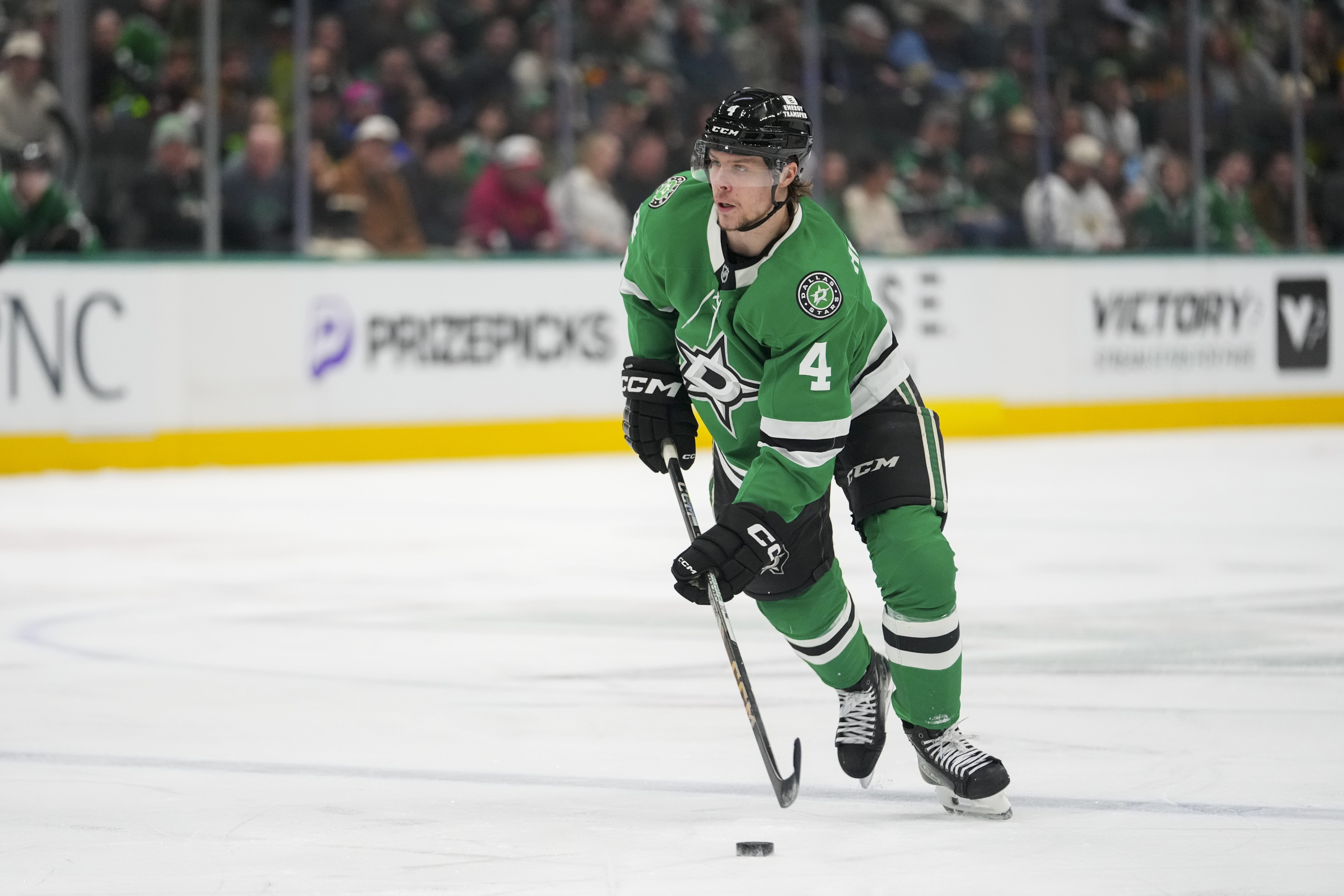 Dallas Stars defenseman Miro Heiskanen skates with the puck against the Vegas Golden Knights during the first period of an NHL game Friday, Jan. 24, 2025, in Dallas. 