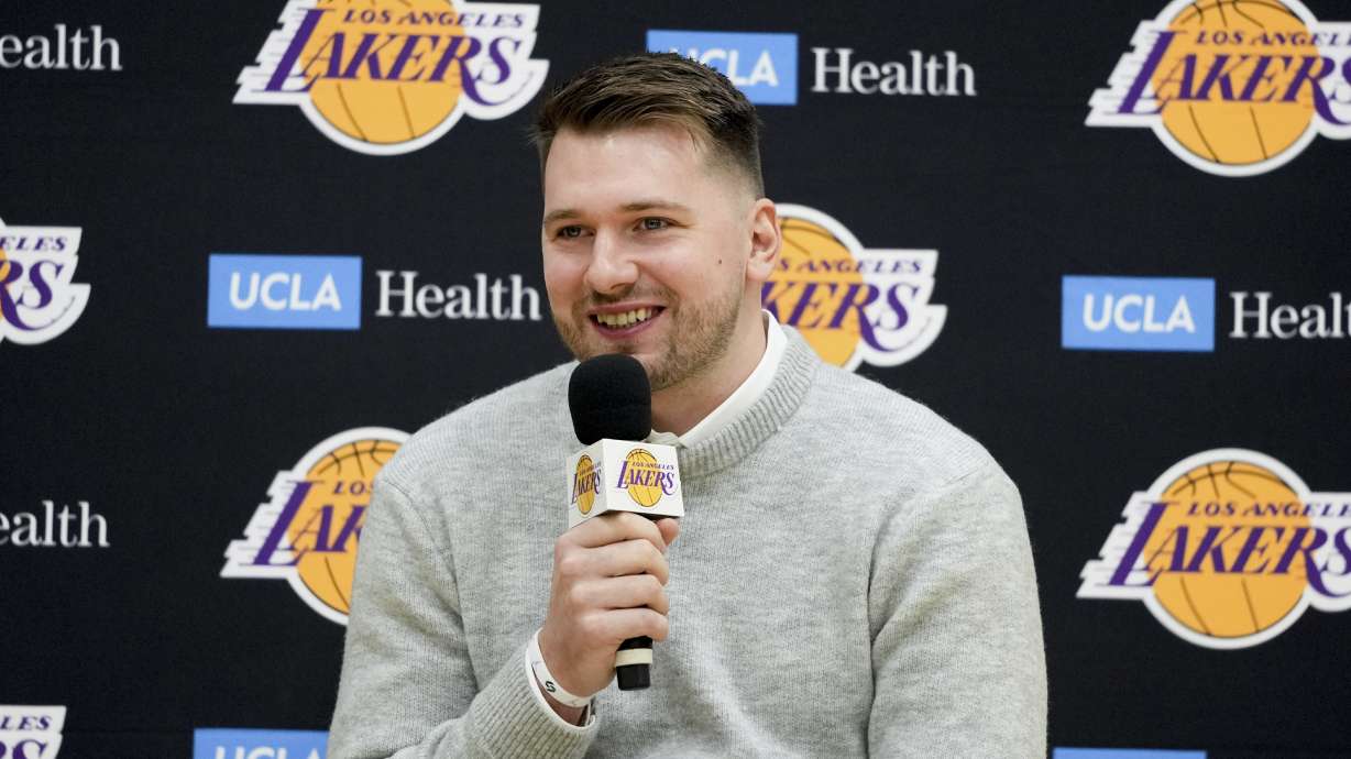 Los Angeles Lakers' Luka Doncic speaks during an introductory NBA basketball press conference Tuesday, Feb. 4, 2025, in El Segundo, Calif.