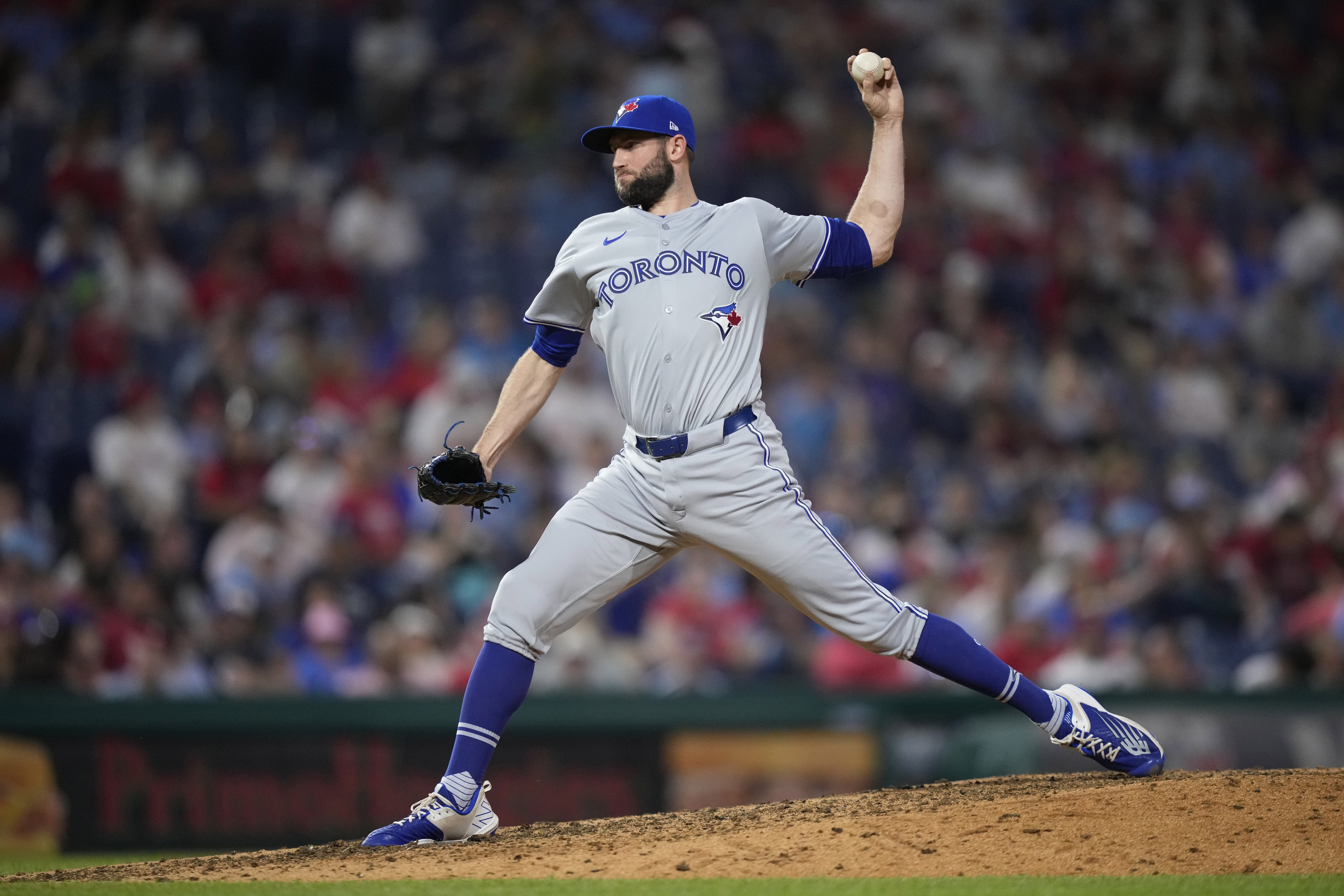 FILE - Toronto Blue Jays' Tim Mayza plays during a baseball game, May 7, 2024, in Philadelphia.
