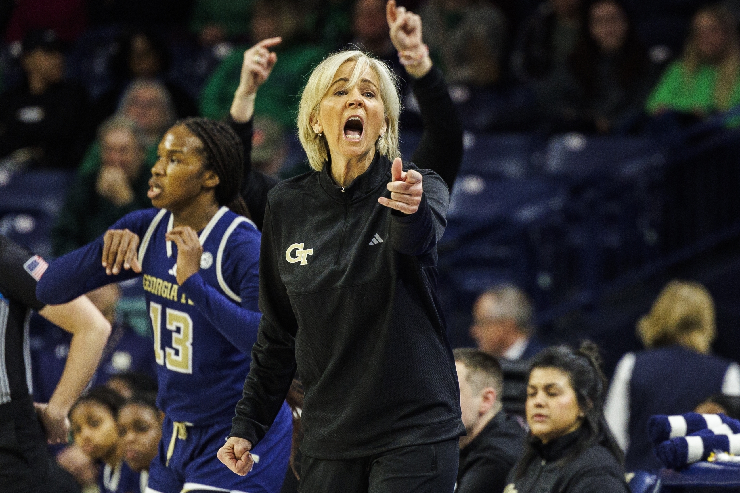 Georgia Tech head coach Nell Fortner encourages her team during the first half of an NCAA college basketball game against Georgia Tech, Thursday, Jan. 16, 2025, in South Bend, Ind. 