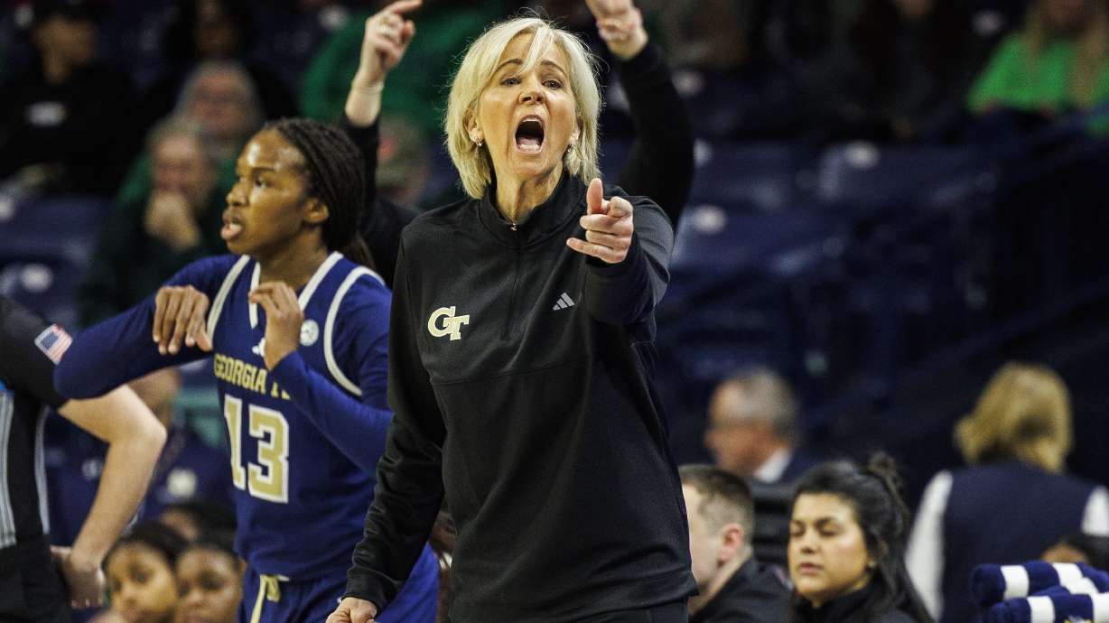 Georgia Tech head coach Nell Fortner encourages her team during the first half of an NCAA college basketball game against Georgia Tech, Thursday, Jan. 16, 2025, in South Bend, Ind.