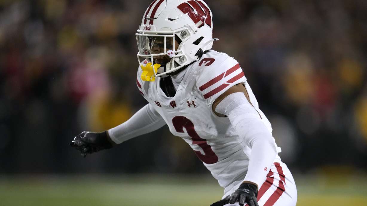 FILE - Wisconsin cornerback Nyzier Fourqurean (3) gets set for a play during the second half of an NCAA college football game against Iowa, Saturday, Nov. 2, 2024, in Iowa City, Iowa.