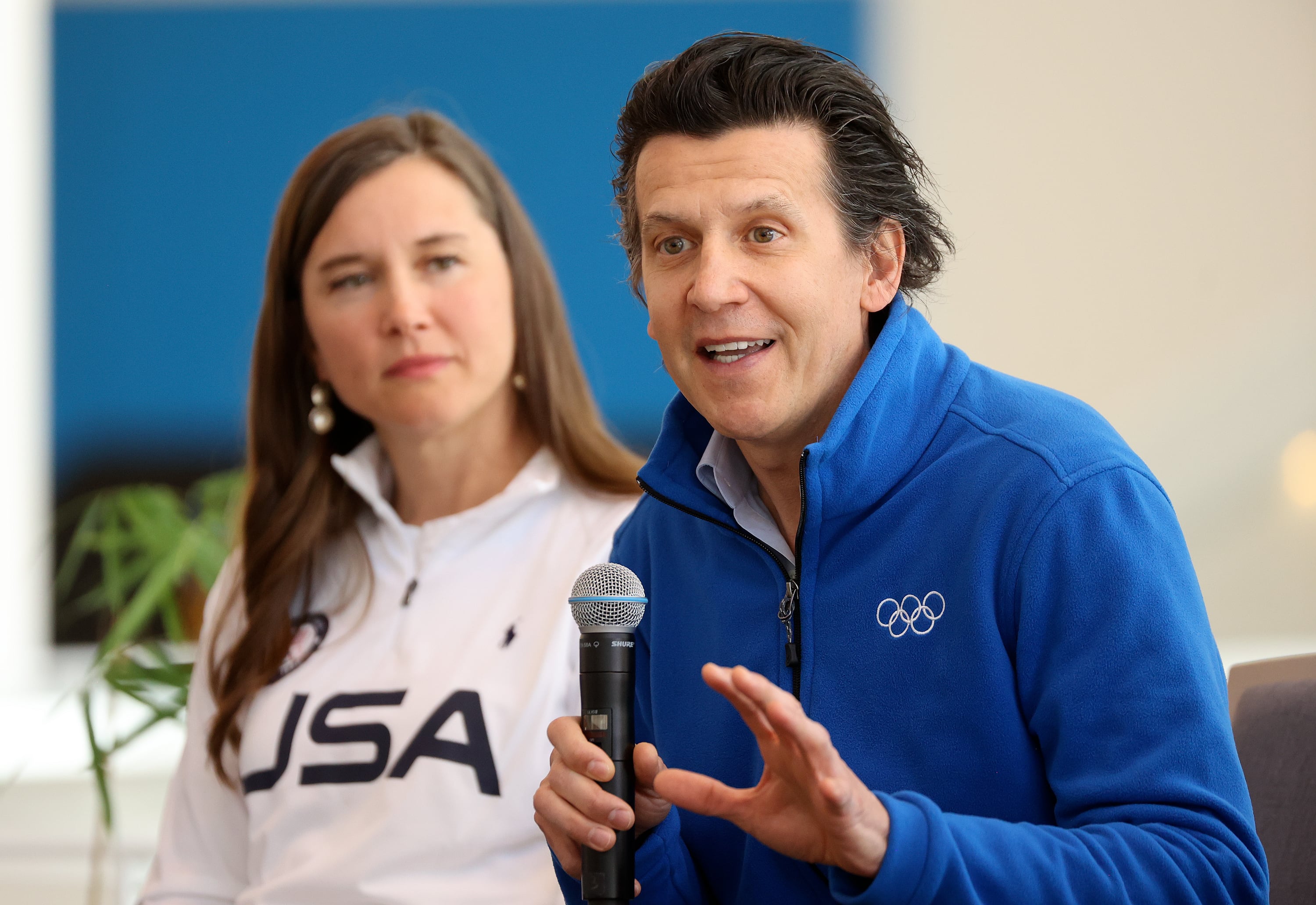 Salt Lake City Mayor Erin Mendenhall listens as Christophe Dubi, Olympic Games executive director, speaks in Salt Lake City on April 11, 2024. Next week, Dubi will be in Utah to kick off planning for the 2034 Winter Games.