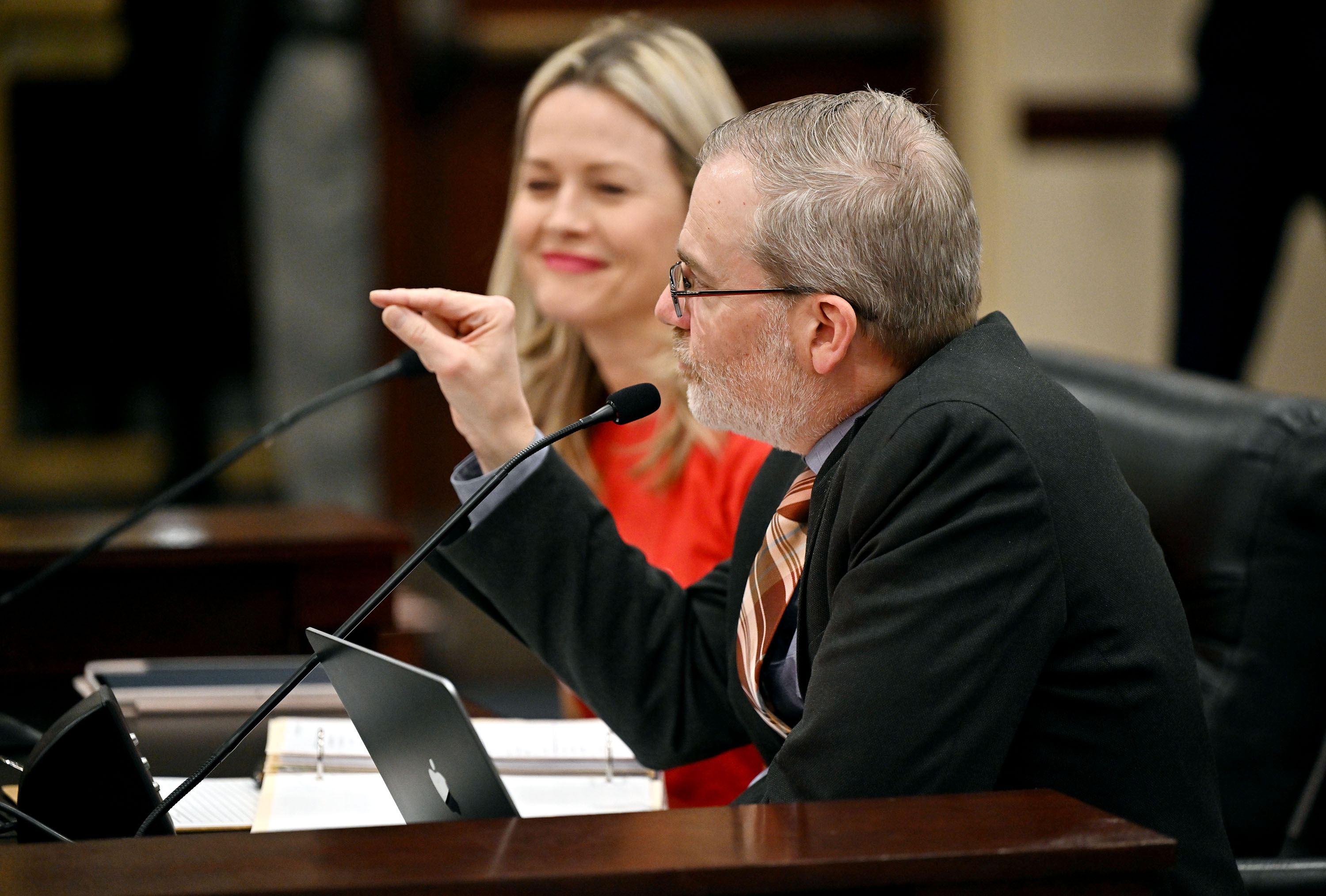 Sen. Lincoln Fillmore, R-South Jordan, presents to the Senate Education Committee as they hear discussion on SB178 to prohibit devices in schools during school hours in the Senate building at the Capitol in Salt Lake City on Tuesday.