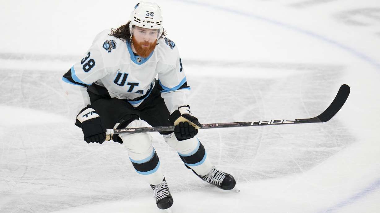 Utah Hockey Club center Liam O'Brien skates against the Dallas Stars during the third period of an NHL hockey game, Saturday, Jan. 4, 2025, in Dallas. The Stars won 3-2 in overtime.