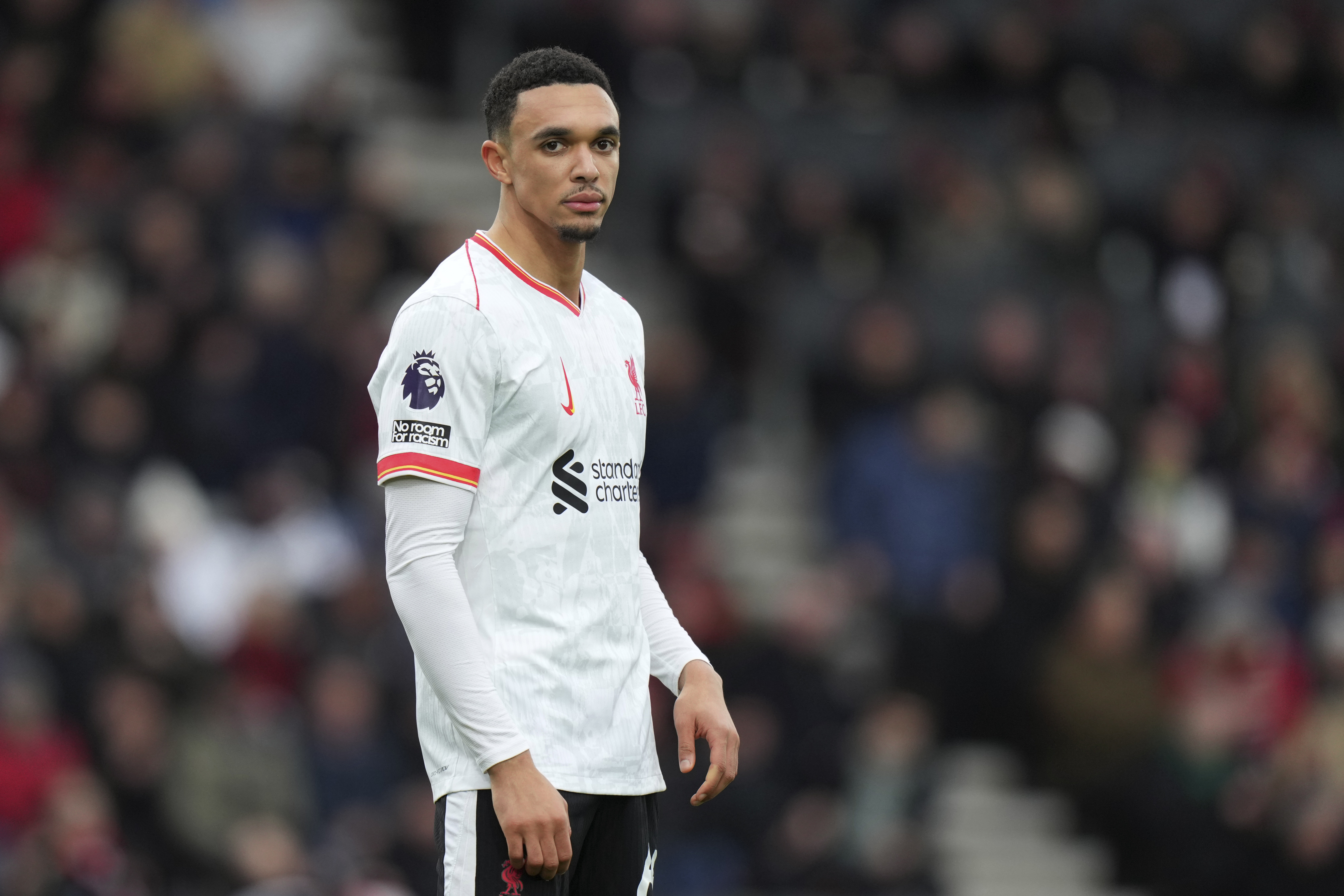 Liverpool's Trent Alexander-Arnold stands during the English Premier League soccer match between Bournemouth and Liverpool at the Vitality stadium in Bournemouth, England, Saturday, Feb. 1, 2025.