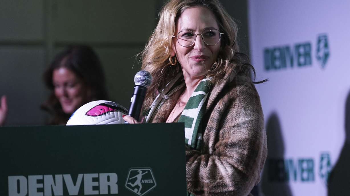Jessica Berman, commissioner of the National Women's Soccer League, announces at a news conference the securing of a bid by a Denver group to enter the league Thursday, Jan. 30, 2025, in Denver.