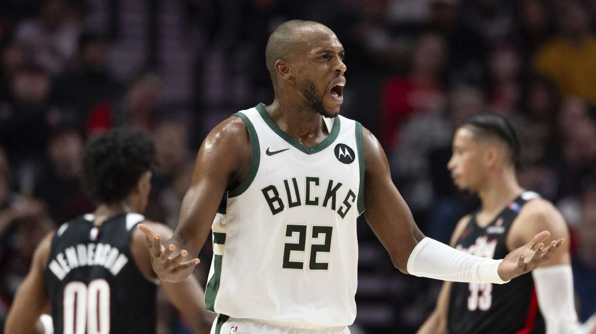 Milwaukee Bucks forward Khris Middleton reacts to a play against the Portland Trail Blazers during the first half of an NBA basketball game Tuesday, Jan. 28, 2025, in Portland, Ore.