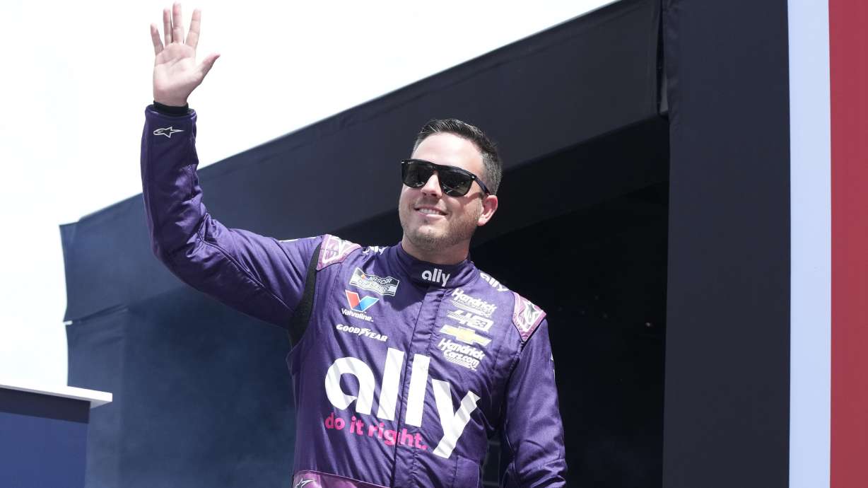 FILE - Alex Bowman is introduced before a NASCAR Cup Series auto race at Michigan International Speedway, Sunday, Aug. 18, 2024, in Brooklyn, Mich.