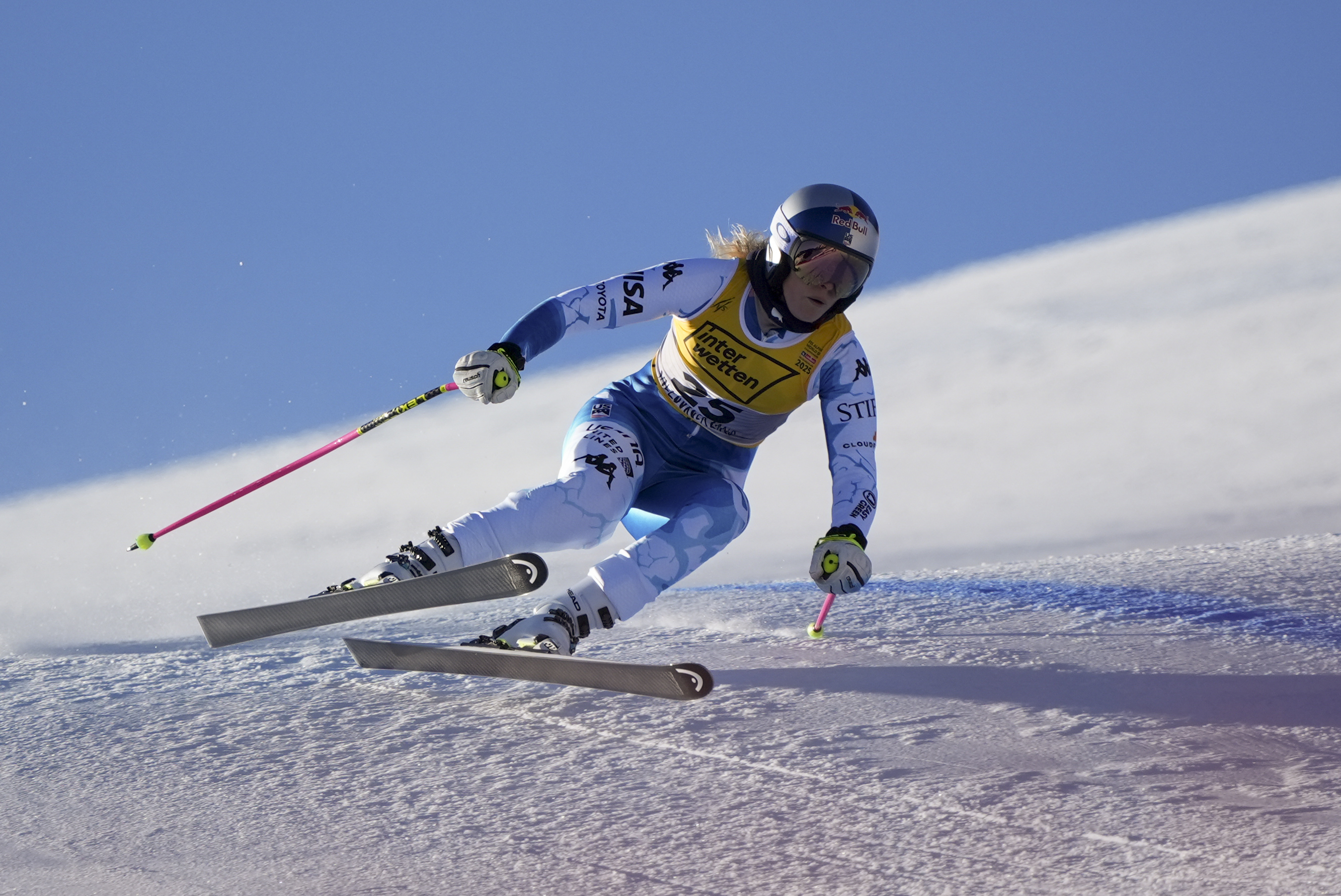 United States' Lindsey Vonn speeds down the course during a women's downhill training, at the Alpine Ski World Championships, in Saalbach-Hinterglemm, Austria, Wednesday, Feb. 5, 2025. 