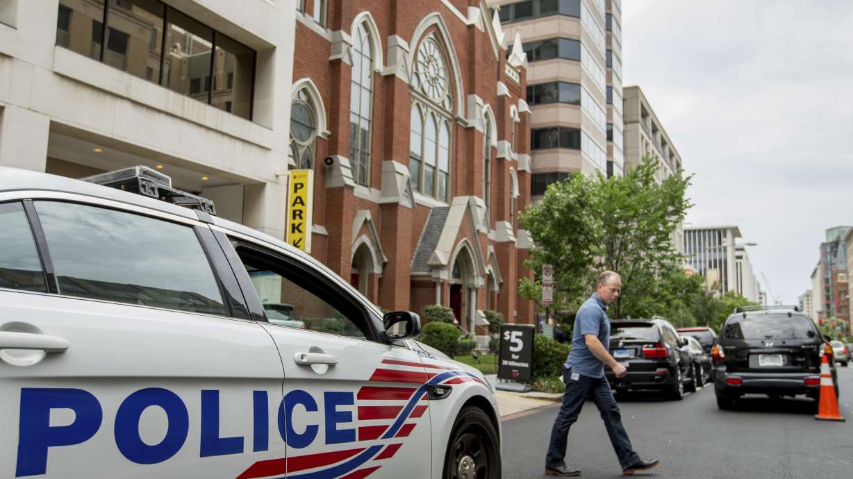 A Washington police vehicle sits outside the Metropolitan African Methodist Episcopal Church in Washington, June 19, 2015.