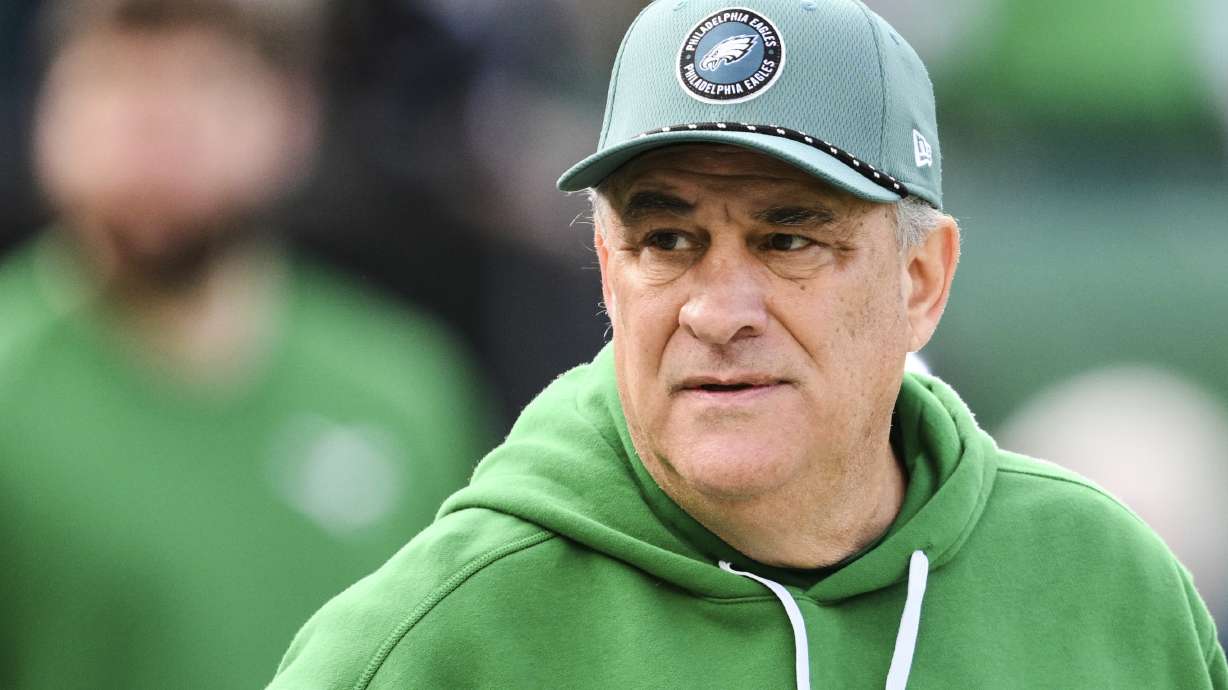 FILE - Philadelphia Eagles defensive coordinator Vic Fangio looks on before an NFL football game against the Dallas Cowboys, Sunday, Dec. 29, 2024, in Philadelphia.