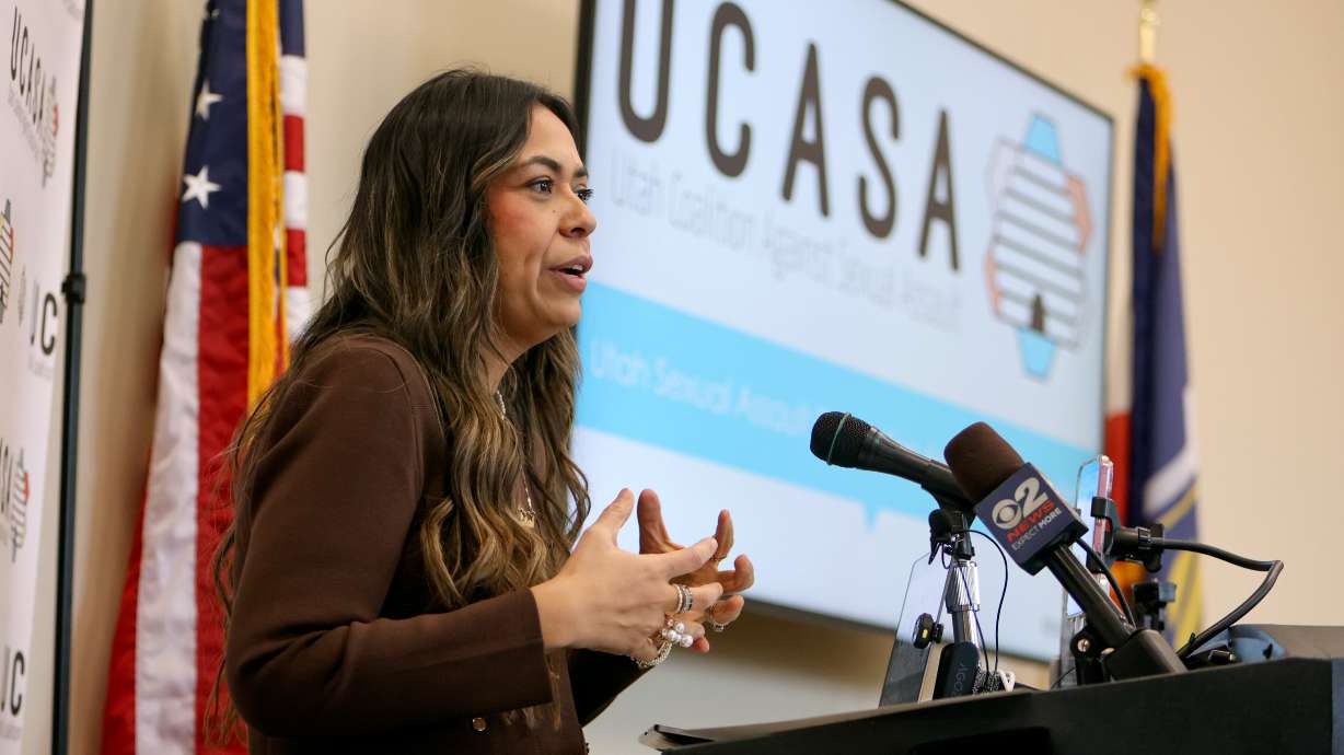 Liliana Olvera-Arbon, Utah Coalition Against Sexual Assault executive director, speaks during a press conference with UCASA during Sexual Assault Advocacy Day on the Hill in the Senate building in Salt Lake City on Tuesday.