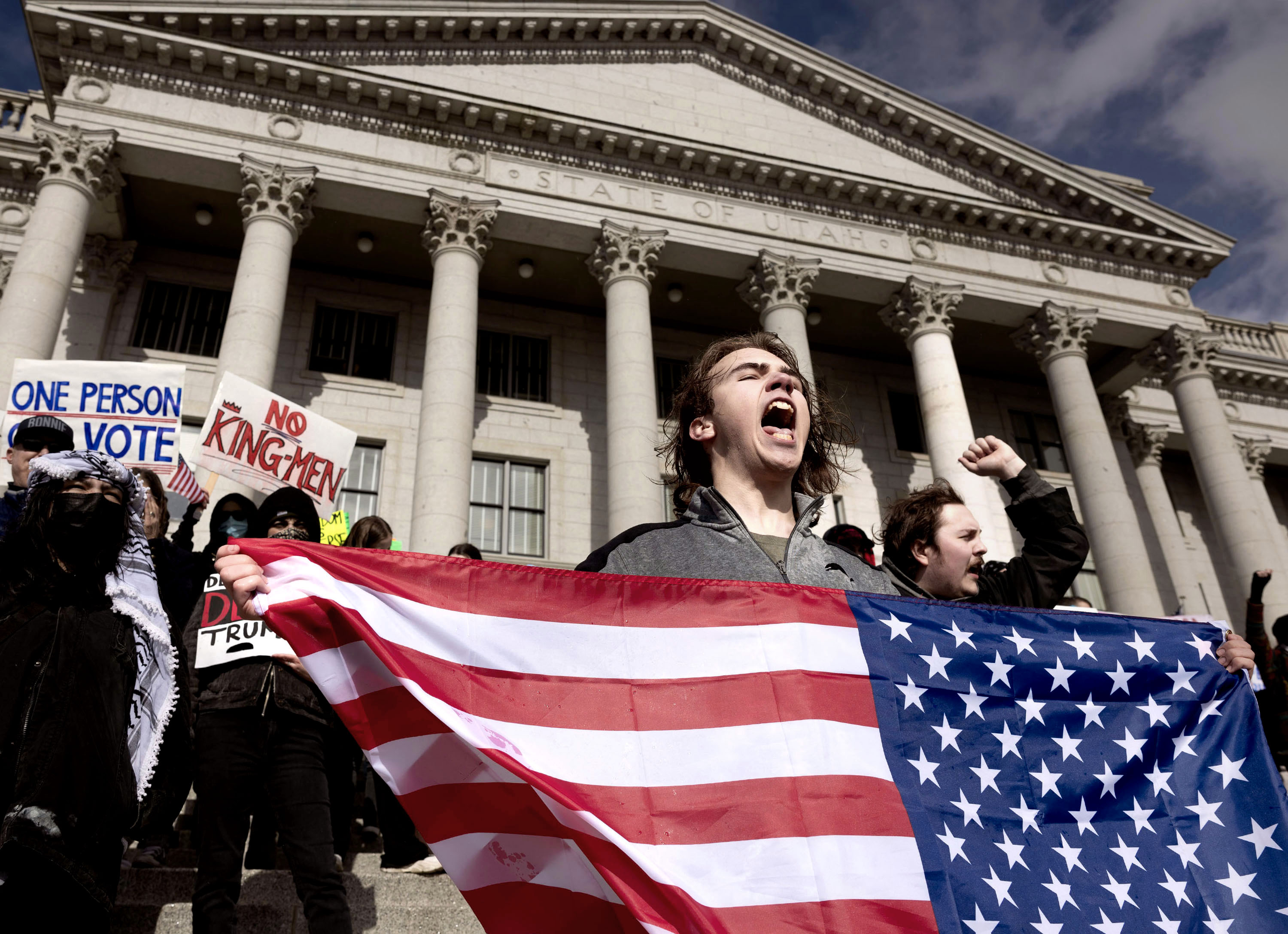 Zachary Petersen, of Salt Lake City, attends a protest against Project 2025 at the Capitol in Salt Lake City on Wednesday.