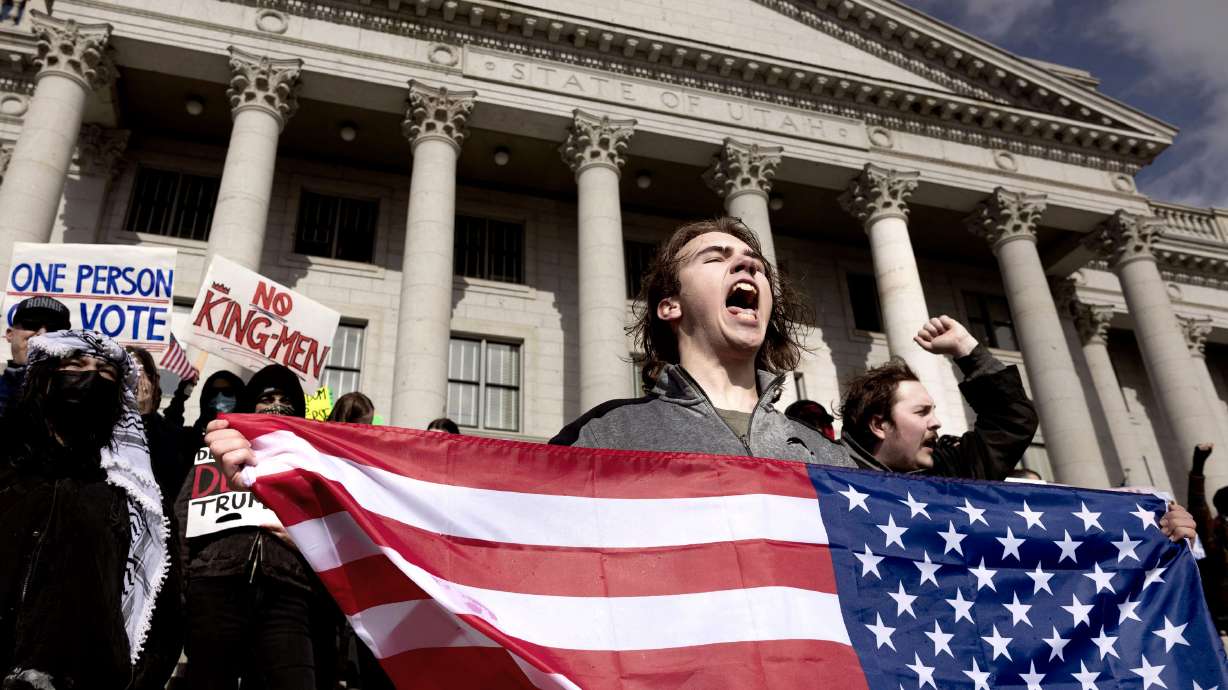 Zachary Petersen, of Salt Lake City, attends a protest against Project 2025 at the Capitol in Salt Lake City on Wednesday.