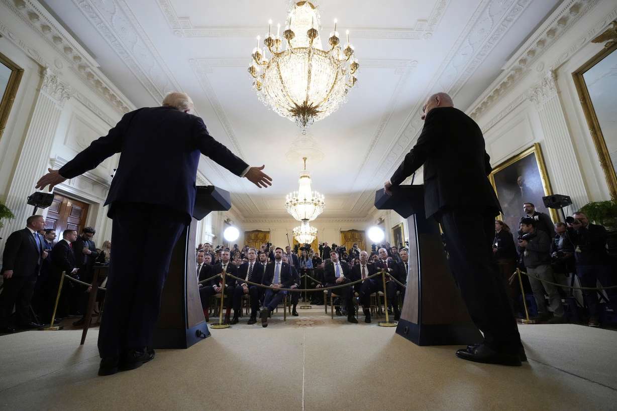 President Donald Trump and Israeli Prime Minister Benjamin Netanyahu speak during a news conference in the East Room of the White House, Tuesday, in Washington.