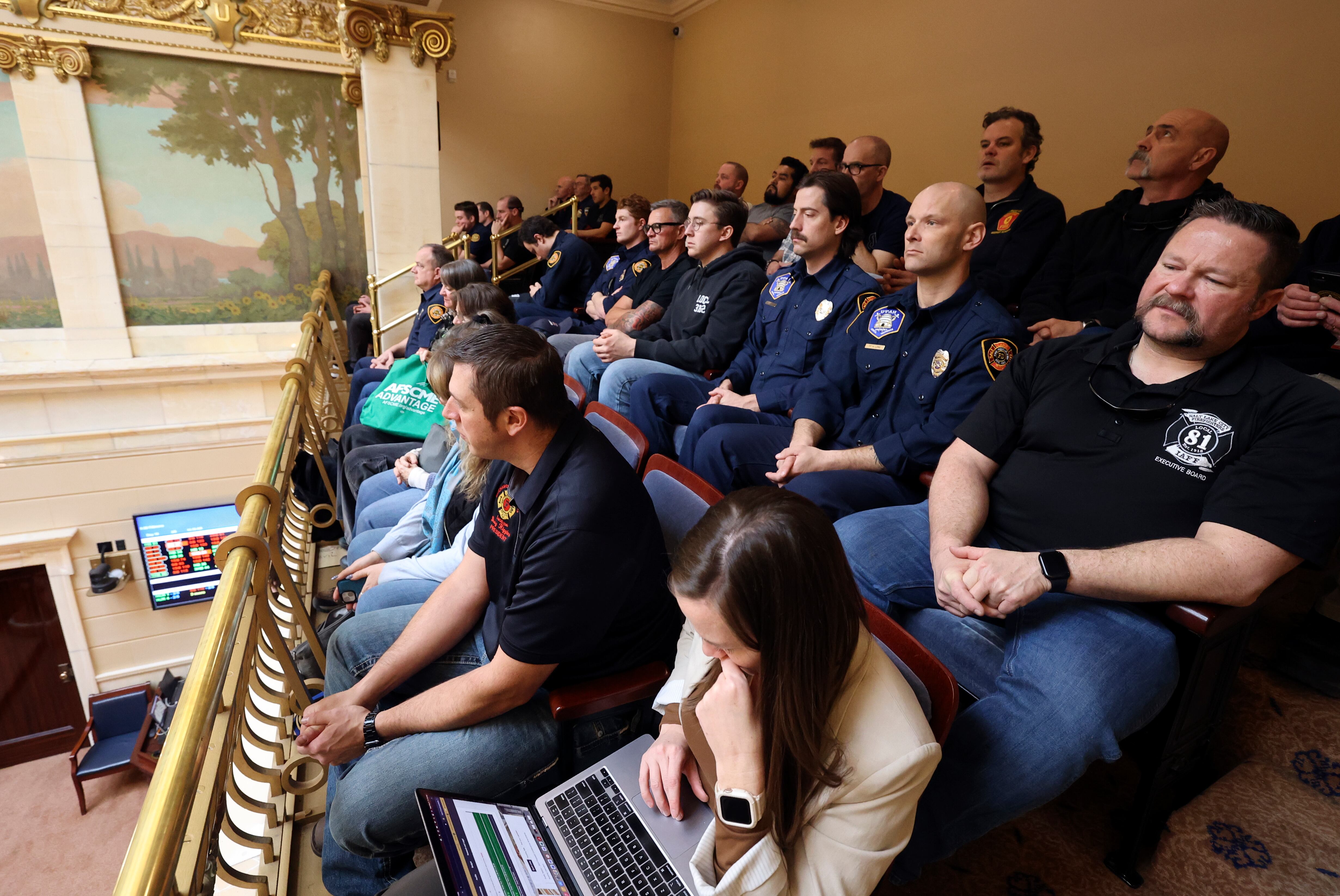 Jeff Kauffmann and other union members wait to hear discussion and voting on HB267, a bill that would ban collective bargaining, at the Capitol in Salt Lake City on Wednesday. The Senate adjourned without addressing the bill Wednesday. 