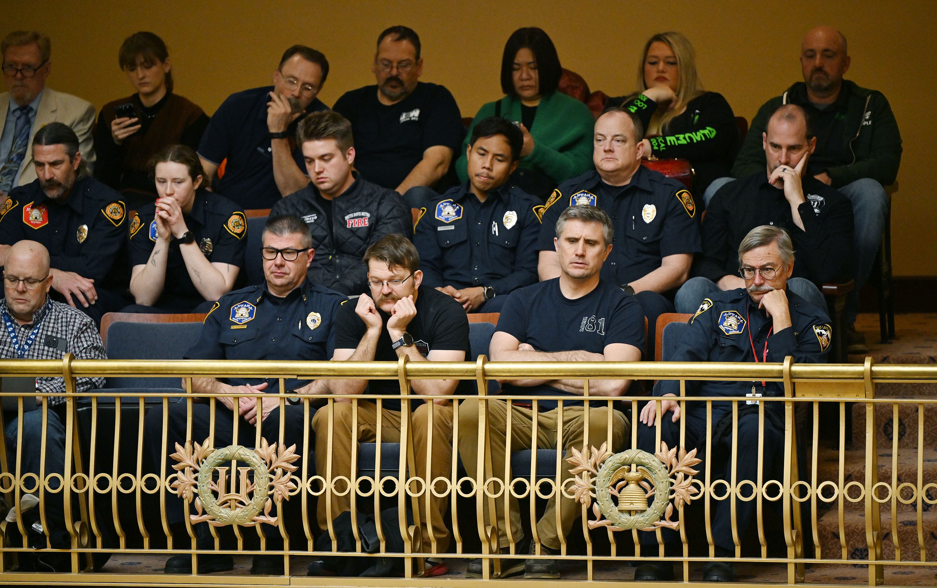 Numerous firefighters sit in the gallery of the Senate waiting for discussion on HB267 at the Capitol in Salt Lake City on Tuesday.