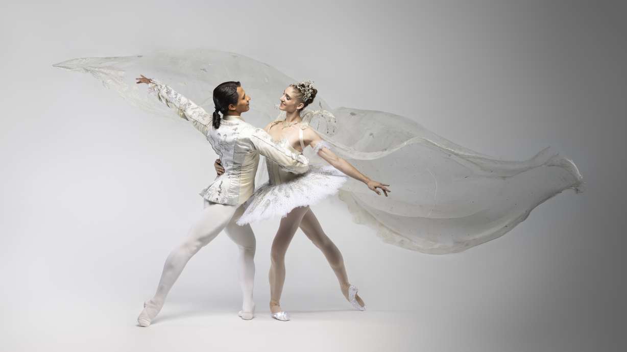 Ballet West artists Hadriel Diniz and Emily Adams pose in costumes for the ballet "Cinderella." As the magical fairytale returns to Salt Lake City, dancers will grace the stage with costumes and sets from London's Royal Ballet.