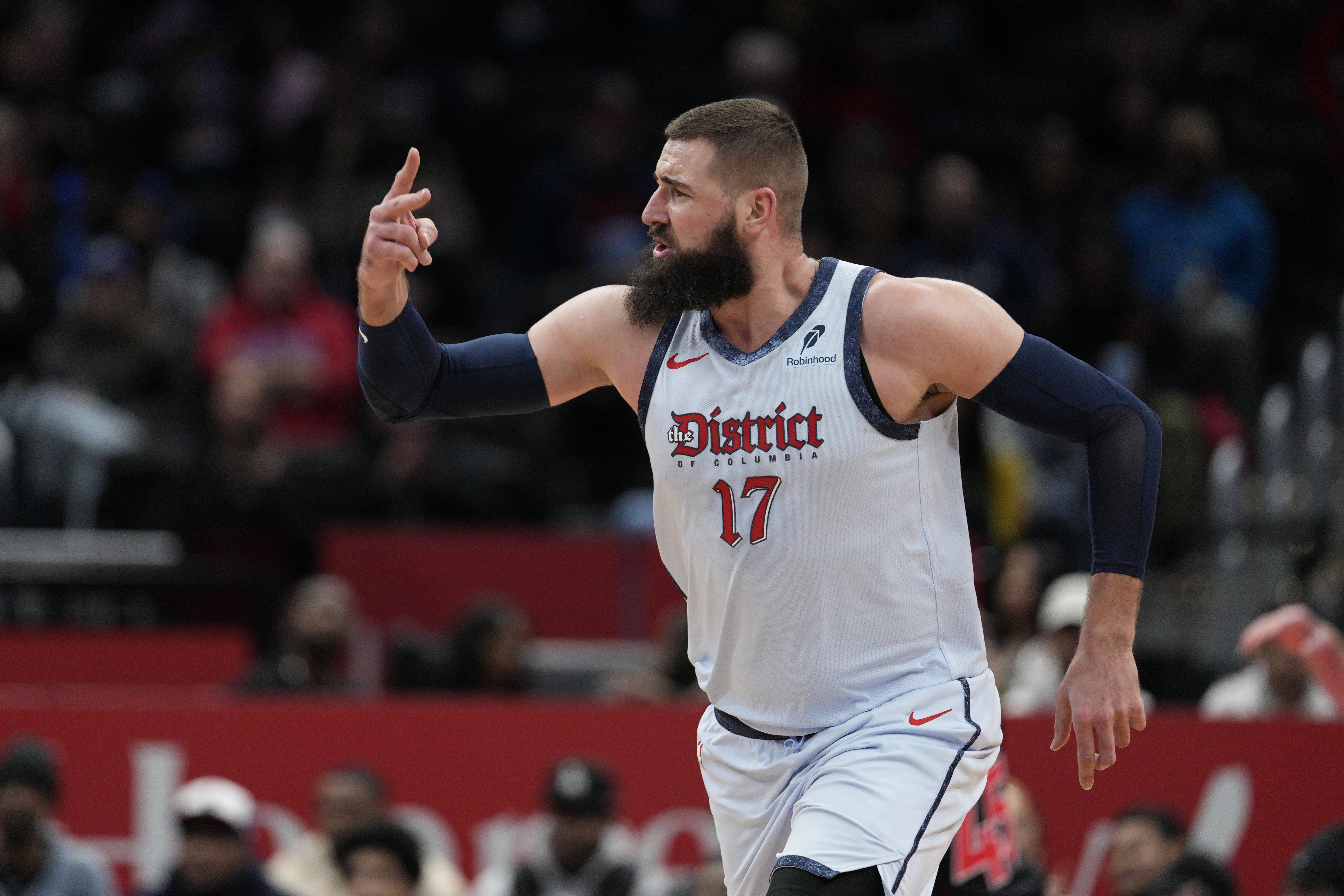 Washington Wizards center Jonas Valanciunas gestures after scoring against the Toronto Raptors during the first half of an NBA basketball game Wednesday, Jan. 29, 2025, in Washington. 