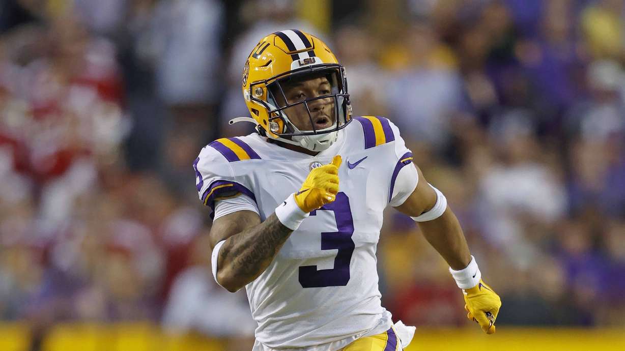 FILE - LSU safety Greg Brooks Jr. (3) during the first half of an NCAA college football game against Alabama in Baton Rouge, La., Saturday, Nov. 5, 2022.