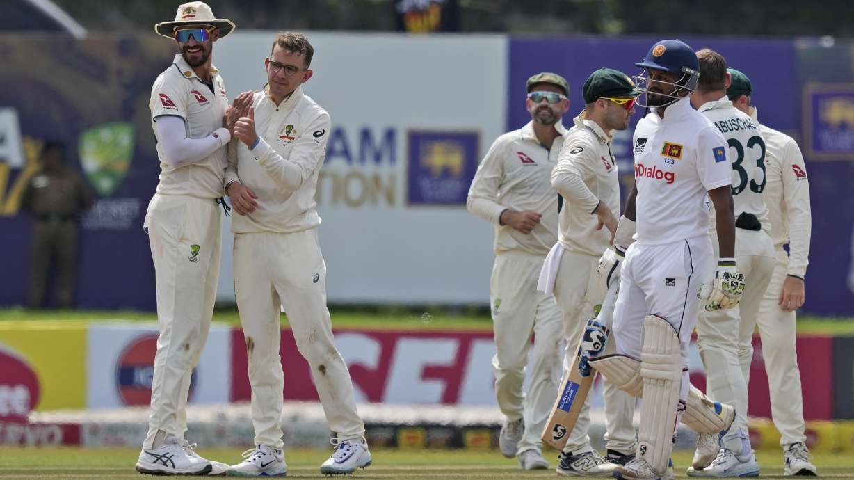 Australia's Todd Murphy celebrates the wicket of Sri Lanka's Dimuth Karunaratne during day four of the first test cricket match between Sri Lanka and Australia in Galle , Sri Lanka, Saturday, Feb. 1, 2025.