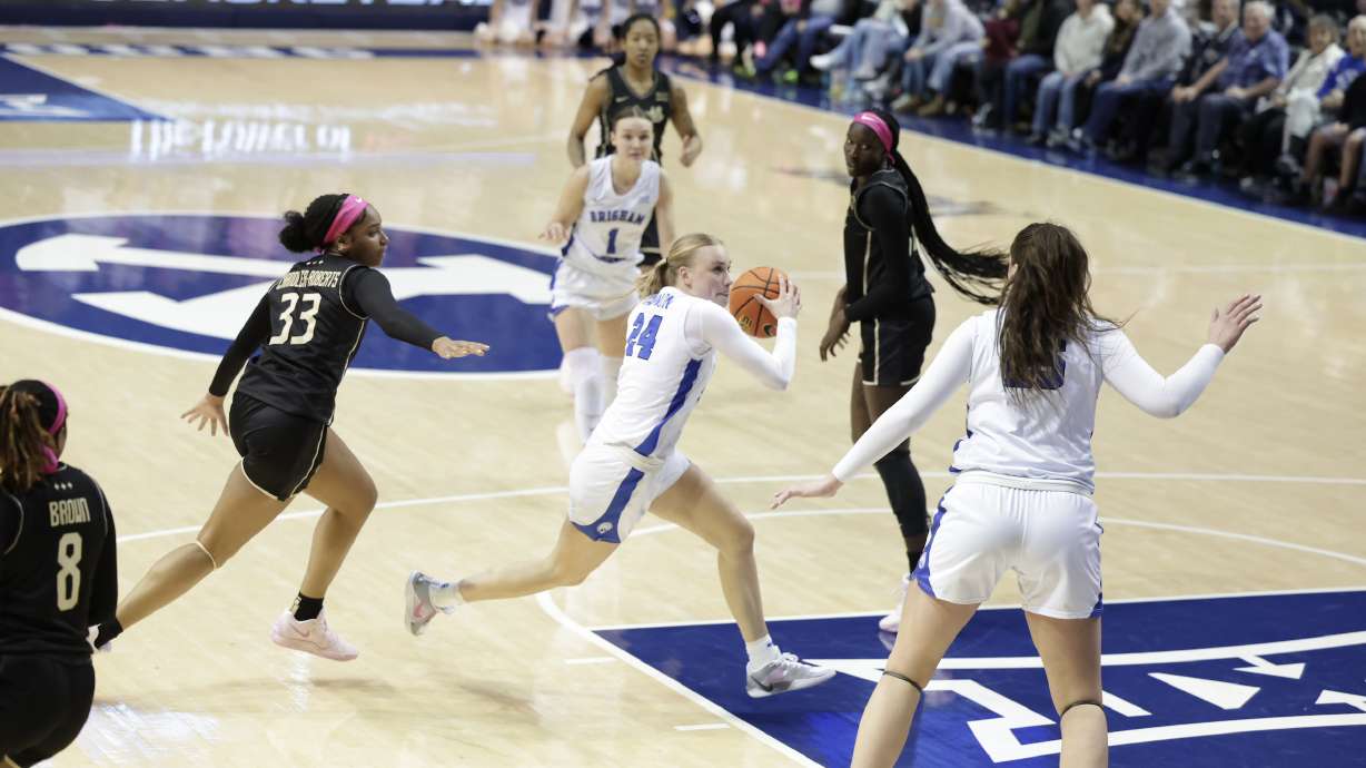 BYU's Brinley Cannon drives to the rim during a Big 12 women's basketball game against UCF, Wednesday, Feb. 5, 2025 in Provo, Utah. BYU won, 73-66.