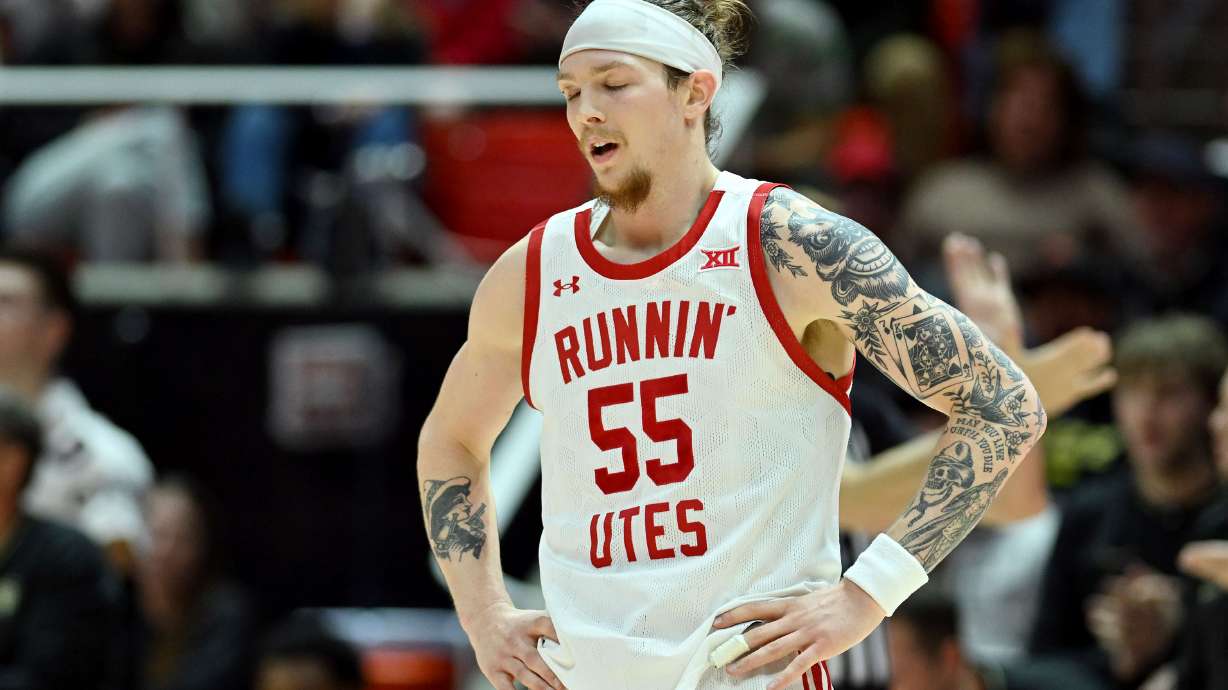 Utah Utes guard Gabe Madsen (55) reacts after being called for a foul as Utah and Colorado play in the Huntsman Center in Salt Lake City on Wednesday, Feb. 5, 2025.