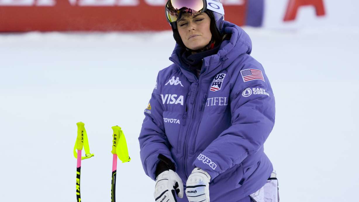 United States' Lindsey Vonn goes through the course in her mind ahead of a women's Super-G, at the Alpine Ski World Championships, in Saalbach-Hinterglemm, Austria, Thursday, Feb. 6, 2025.