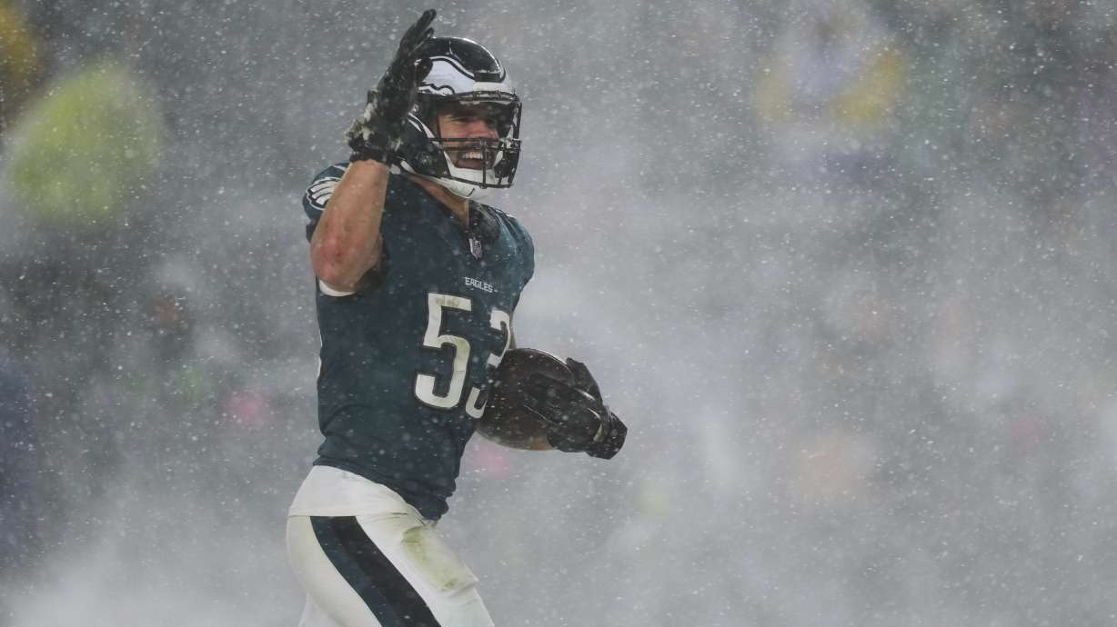 Philadelphia Eagles linebacker Zack Baun celebrates after recovering a fumble by Los Angeles Rams quarterback Matthew Stafford during the second half of an NFL football NFC divisional playoff game Sunday, Jan. 19, 2025, in Philadelphia.