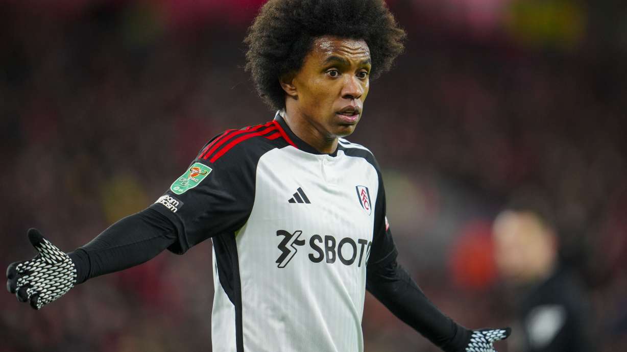 FILE - Fulham's Willian reacts during the EFL Cup first leg semifinal soccer match between Liverpool and Fulham at Anfield stadium in Liverpool, England, Jan. 10, 2024.