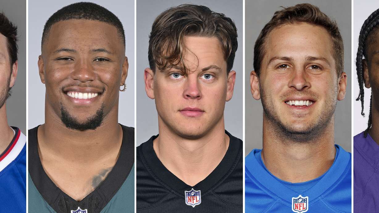This combo of file photos shows, from left, NFL Awards MVP finalists: Josh Allen, QB, Buffalo Bills; Saquon Barkley, RB, Philadelphia Eagles; Joe Burrow, QB, Cincinnati Bengals; Jared Goff, QB, Detroit Lions; Lamar Jackson, QB, Baltimore Ravens.