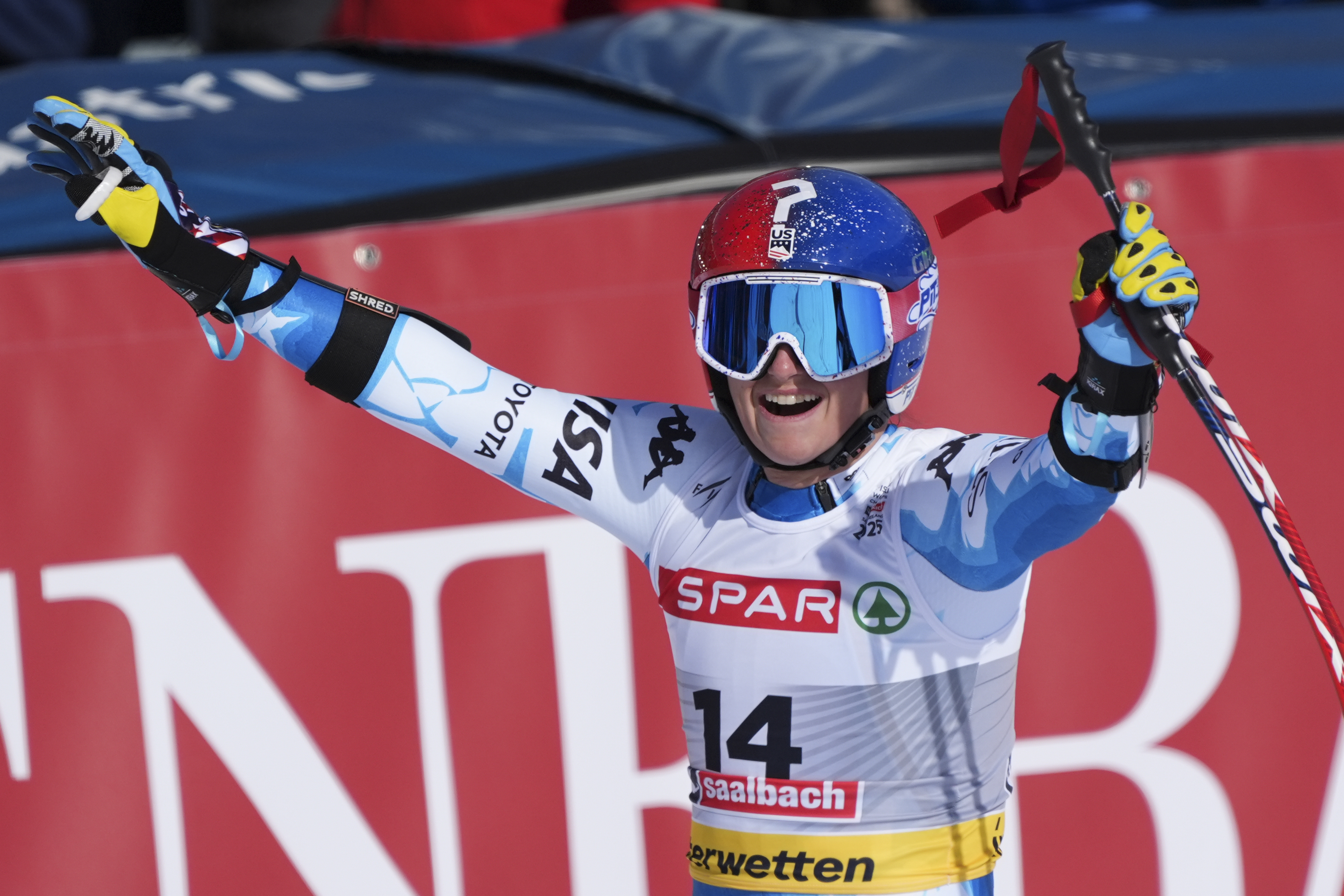 United States' Lauren Macuga celebrates at the finish area of a women's Super-G, at the Alpine Ski World Championships, in Saalbach-Hinterglemm, Austria, Thursday, Feb. 6, 2025.