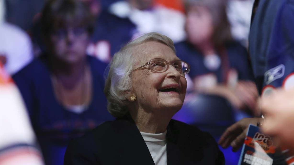 FILE - Chicago Bears owner Virginia McCaskey smiles while talking with a fan during the Bears100 Celebration at the Donald E. Stephens Convention Center Saturday, June 8, 2019, in Rosemont, Ill.