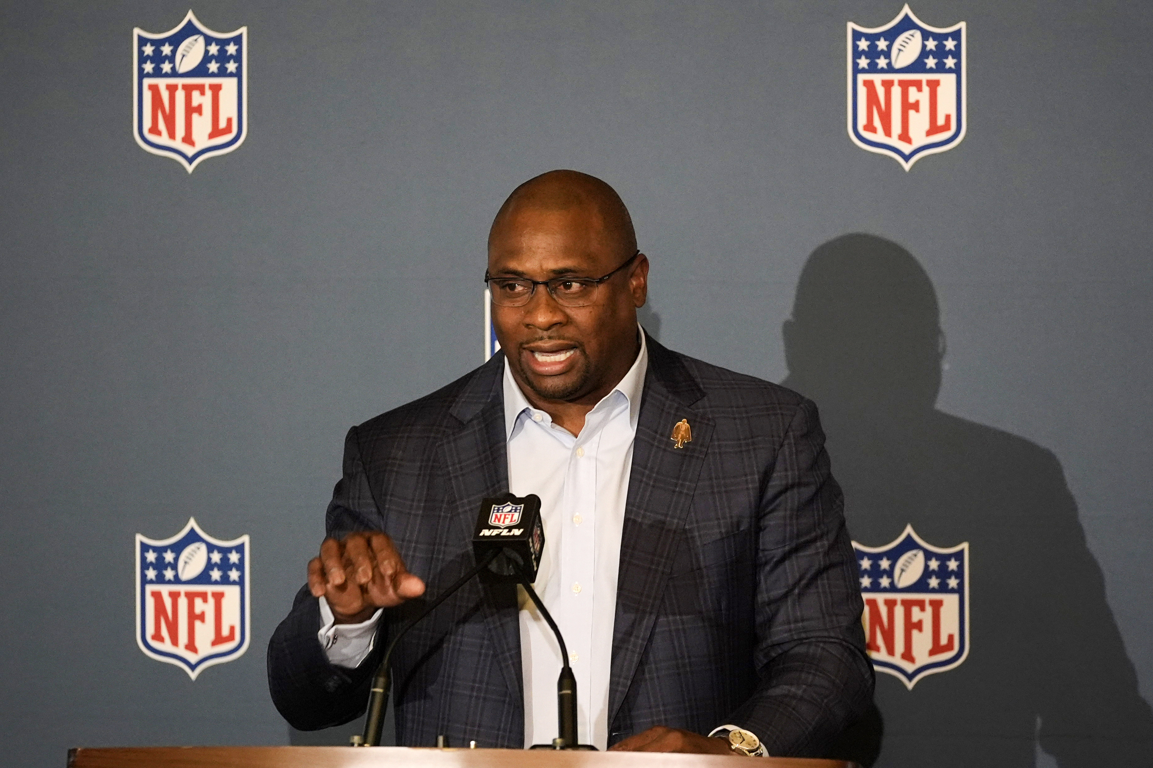 FILE - Troy Vincent Sr., NFL executive vice president of football operations, speaks to the media at the NFL football owners meeting Wednesday, Dec. 11, 2024, in Irving, Texas.