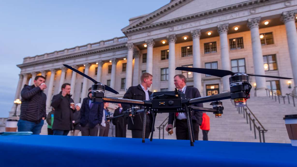 A drone used for cloud seeding is displayed outside the state Capitol in Salt Lake City on Thursday. Utah Division of Water Resources officials say they started testing drones for cloud seeding for the first time last week.