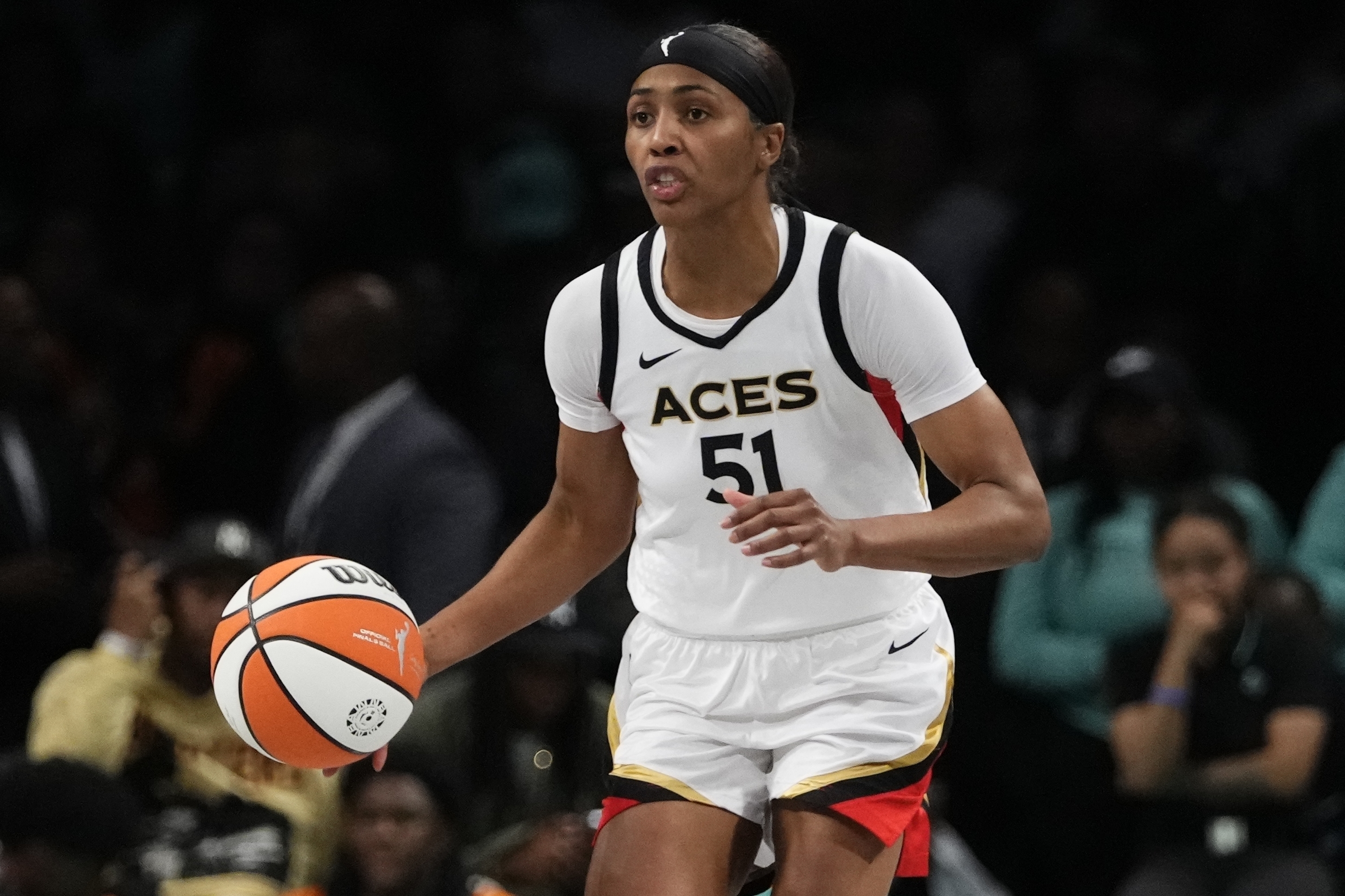 FILE - Las Vegas Aces' Sydney Colson (51) plays during the second half in Game 4 of a WNBA basketball final playoff series against the New York Liberty, in New York, Oct. 18, 2023. T