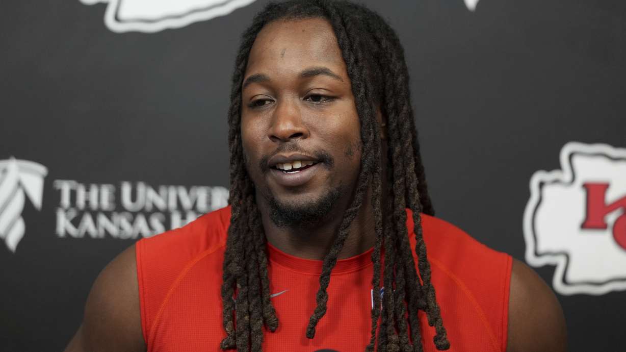 Kansas City Chiefs running back Kareem Hunt addresses the media before NFL football practice, Thursday, Jan. 30, 2025, in Kansas City, Mo.