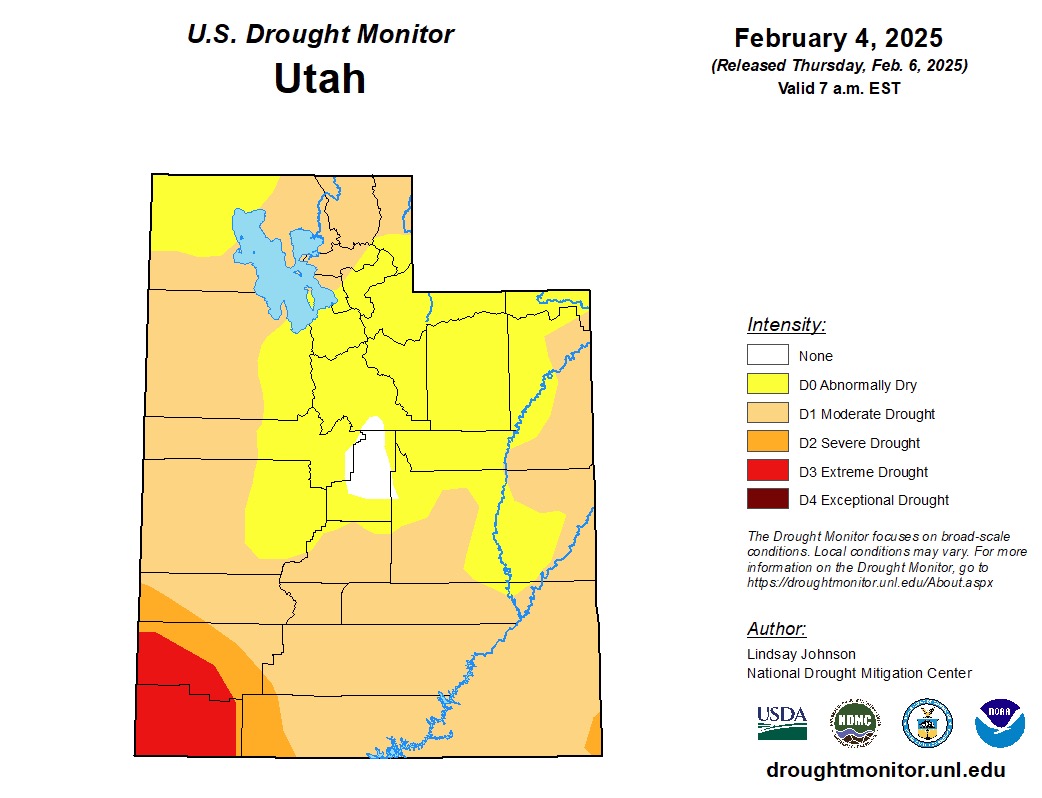 A map of drought conditions across Utah as of Thursday. Extreme drought conditions returned to southwest Utah, the first time that has happened in the state since a sliver of extreme drought was reported in central Utah on March 21, 2023.