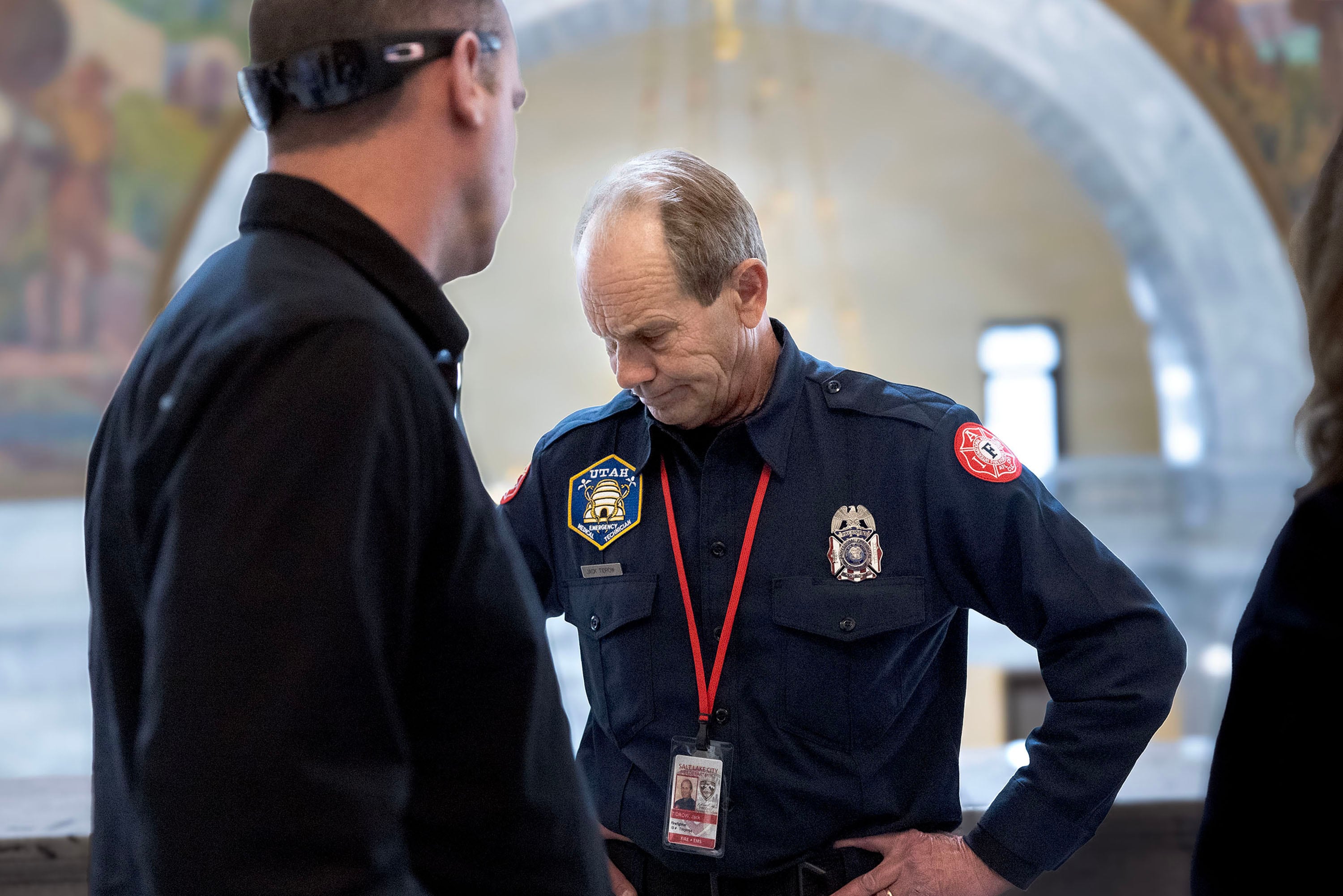 Jack Tidrow, president of Professional Firefighters of Utah, center, expresses his disappointment to HB267 “Public Sector Labor Union Amendments” passing through the Senate with a vote of 16-13 at the Capitol in Salt Lake City on Thursday.