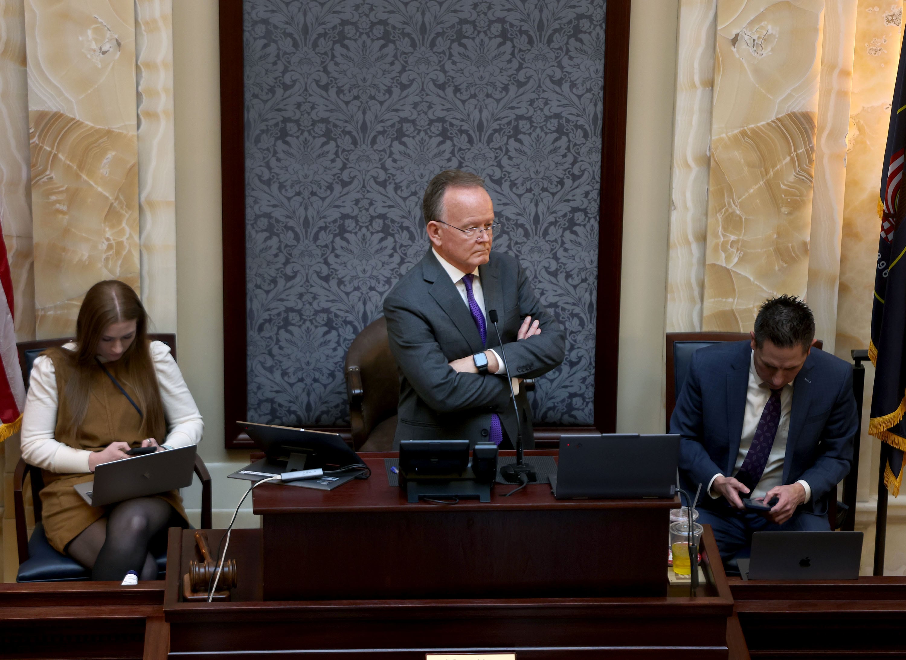 Senate President Stuart Adams listens as H.B. 267 “Public Sector Labor Union Amendments” is debated in the Senate at the Capitol in Salt Lake City on Thursday.