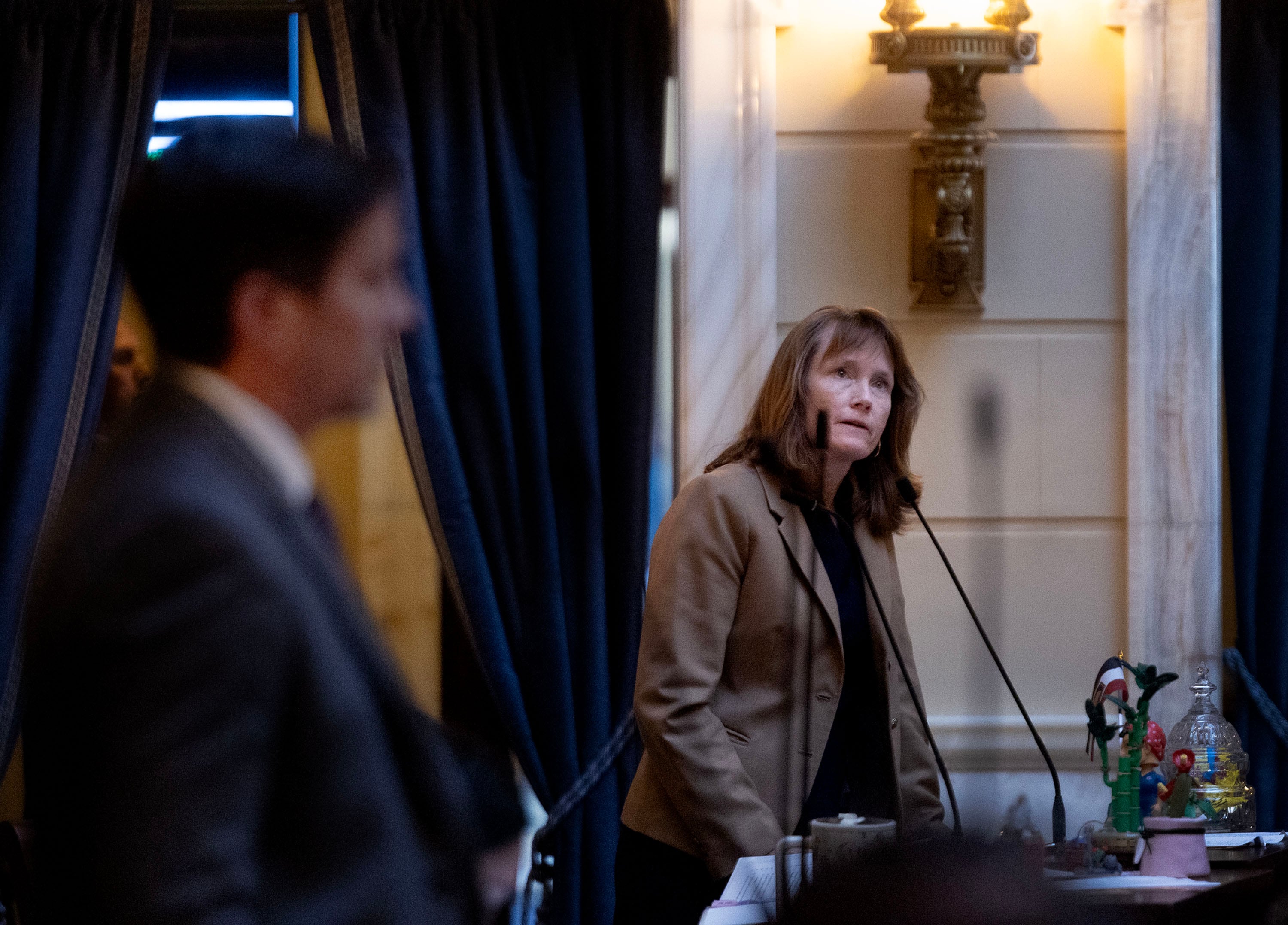 Sen. Kathleen Riebe looks up at union members in the gallery while speaking in opposition to H.B. 267 “Public Sector Labor Union Amendments” at the Capitol in Salt Lake City on Thursday.