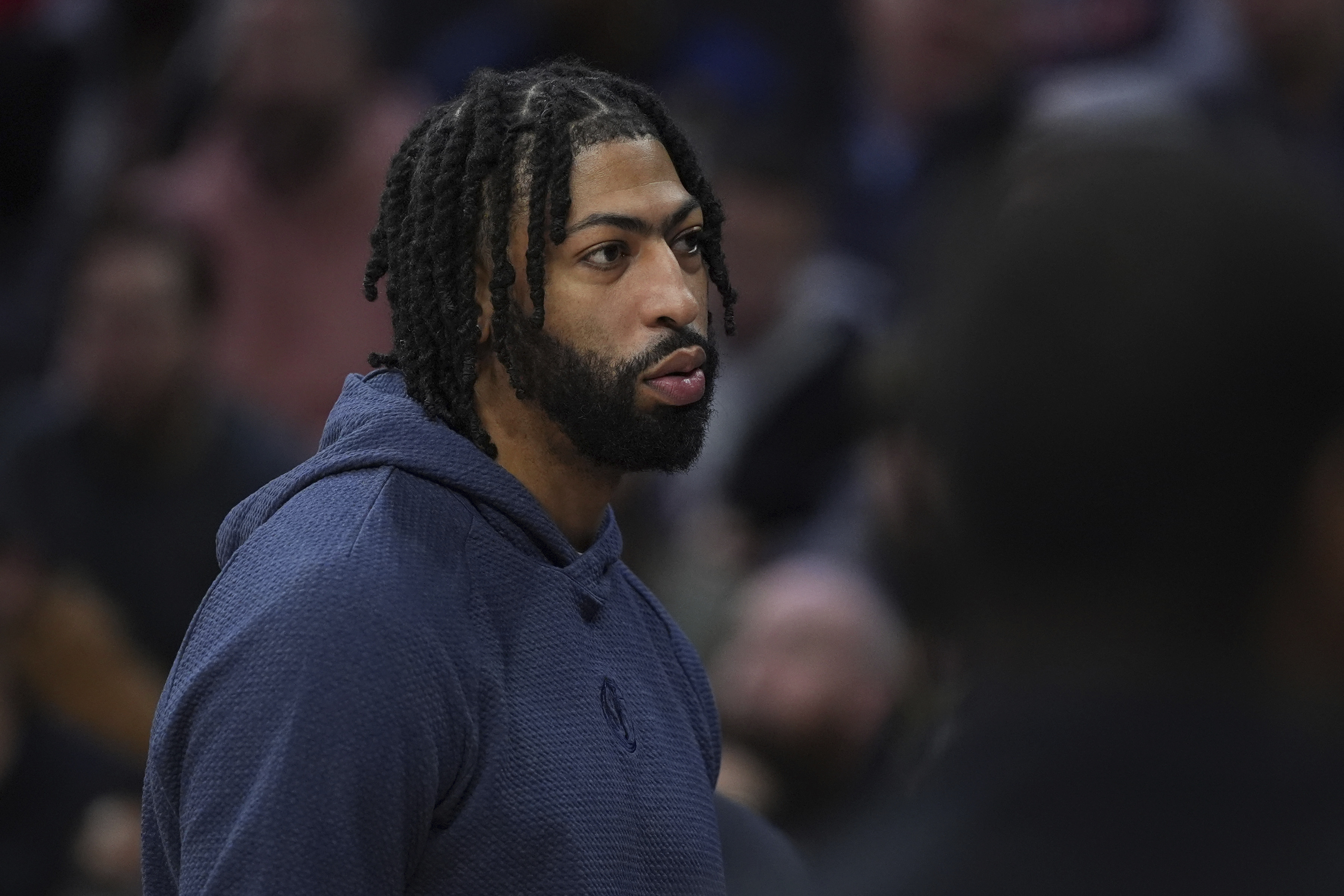 Dallas Mavericks' Anthony Davis walks the floor during a timeout in the first half of an NBA basketball game against the Philadelphia 76ers, Tuesday, Feb. 4, 2025, in Philadelphia.